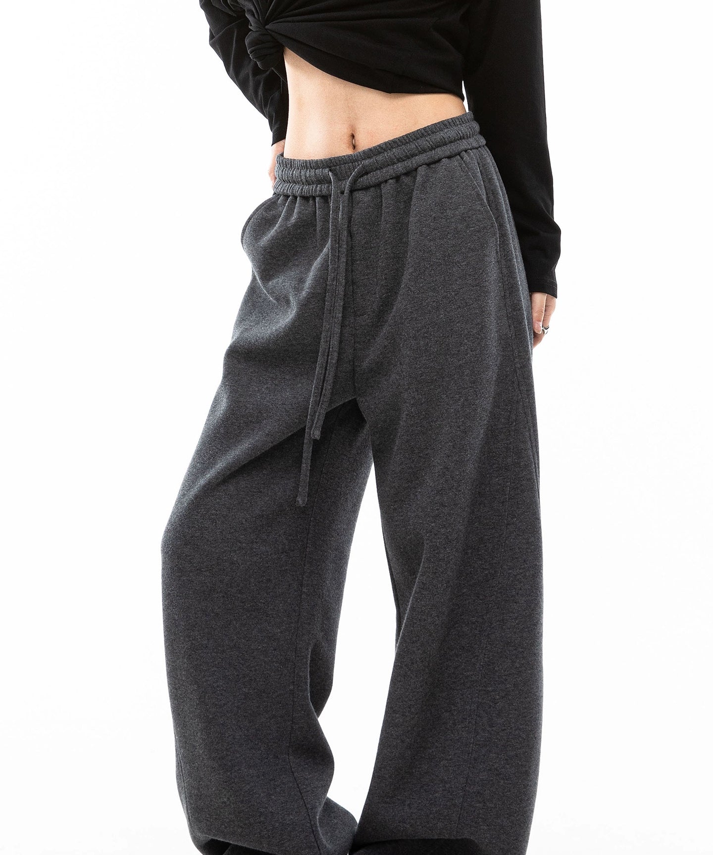 ICH MODE 美式加绒卫裤运动裤女秋冬新款宽松阔腿休闲裤弯刀裤子