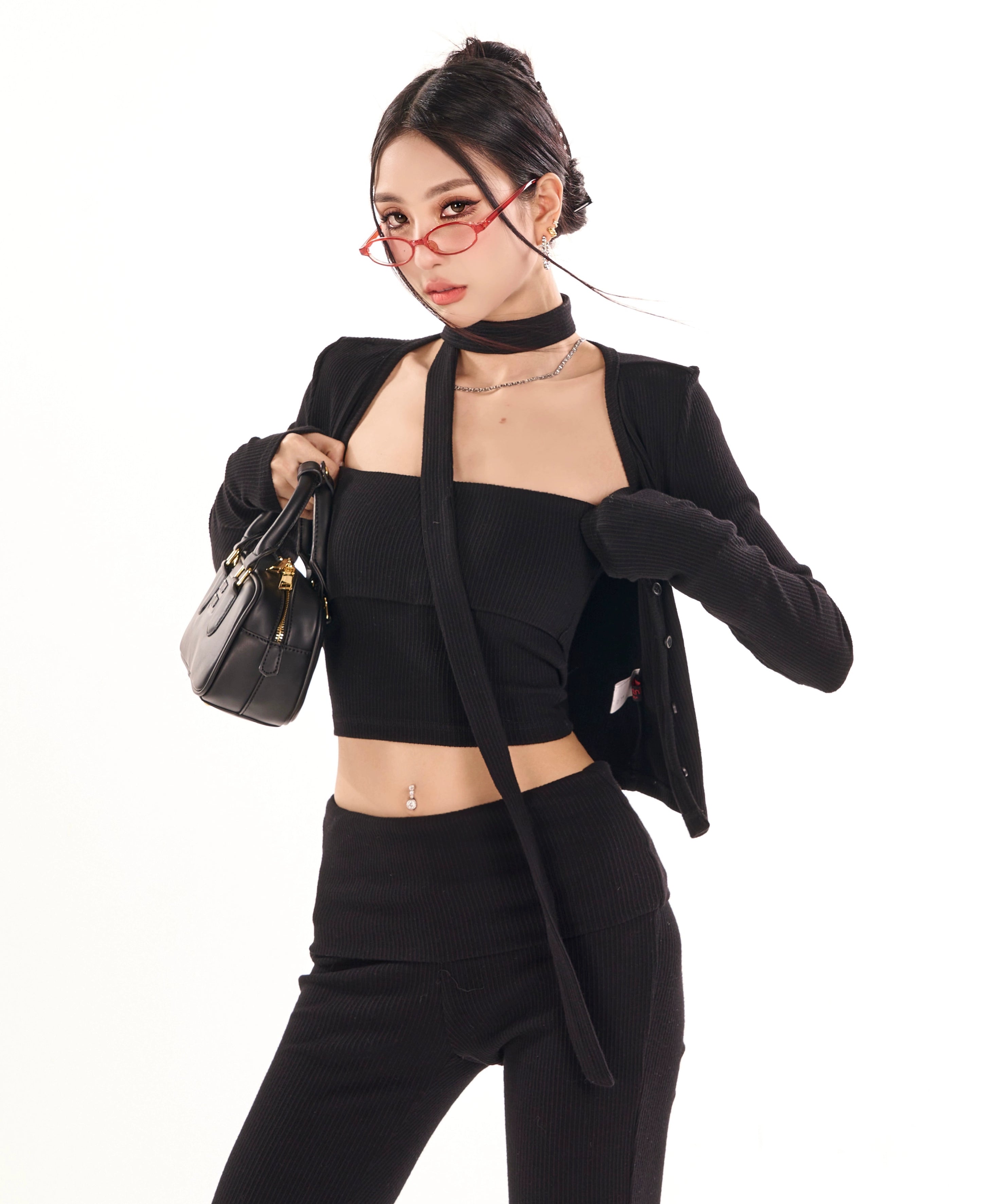 野生zero灰色针织开衫三件套装女春夏季抹胸辣妹上衣修身微喇裤子