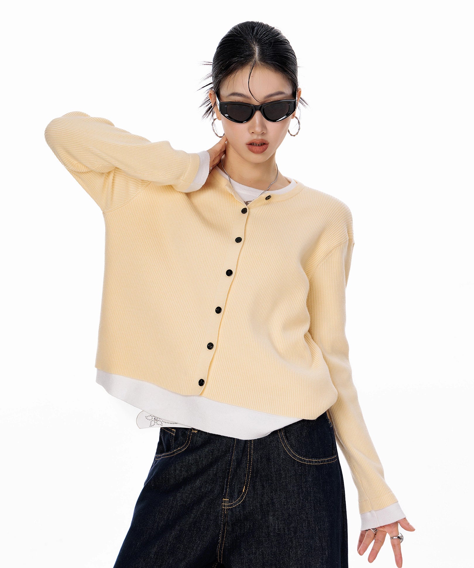 ICH MODE 美式复古修身针织开衫女2025秋冬新款外搭长袖毛衣外套