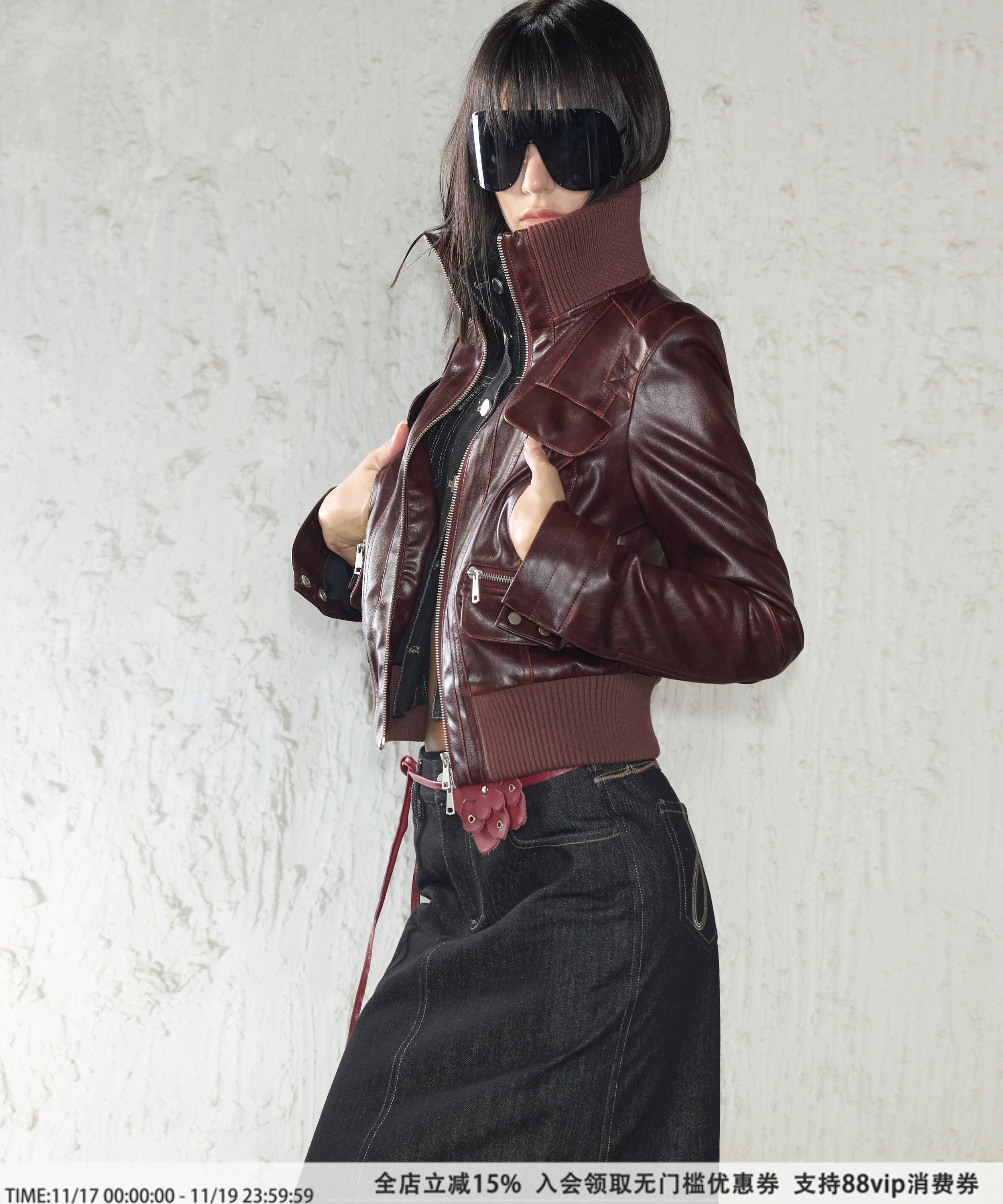 2th Desire朋克感做旧擦色立领修身拉链正肩短款机车皮衣夹克外套