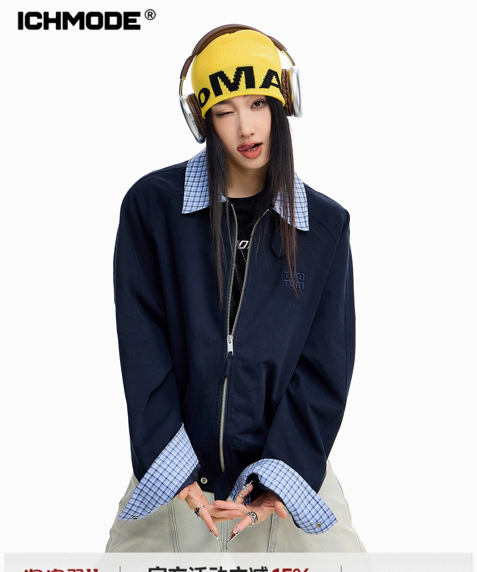 ICH MODE 美式复古格子拼接外套女秋冬宽松开衫夹克运动百搭上衣