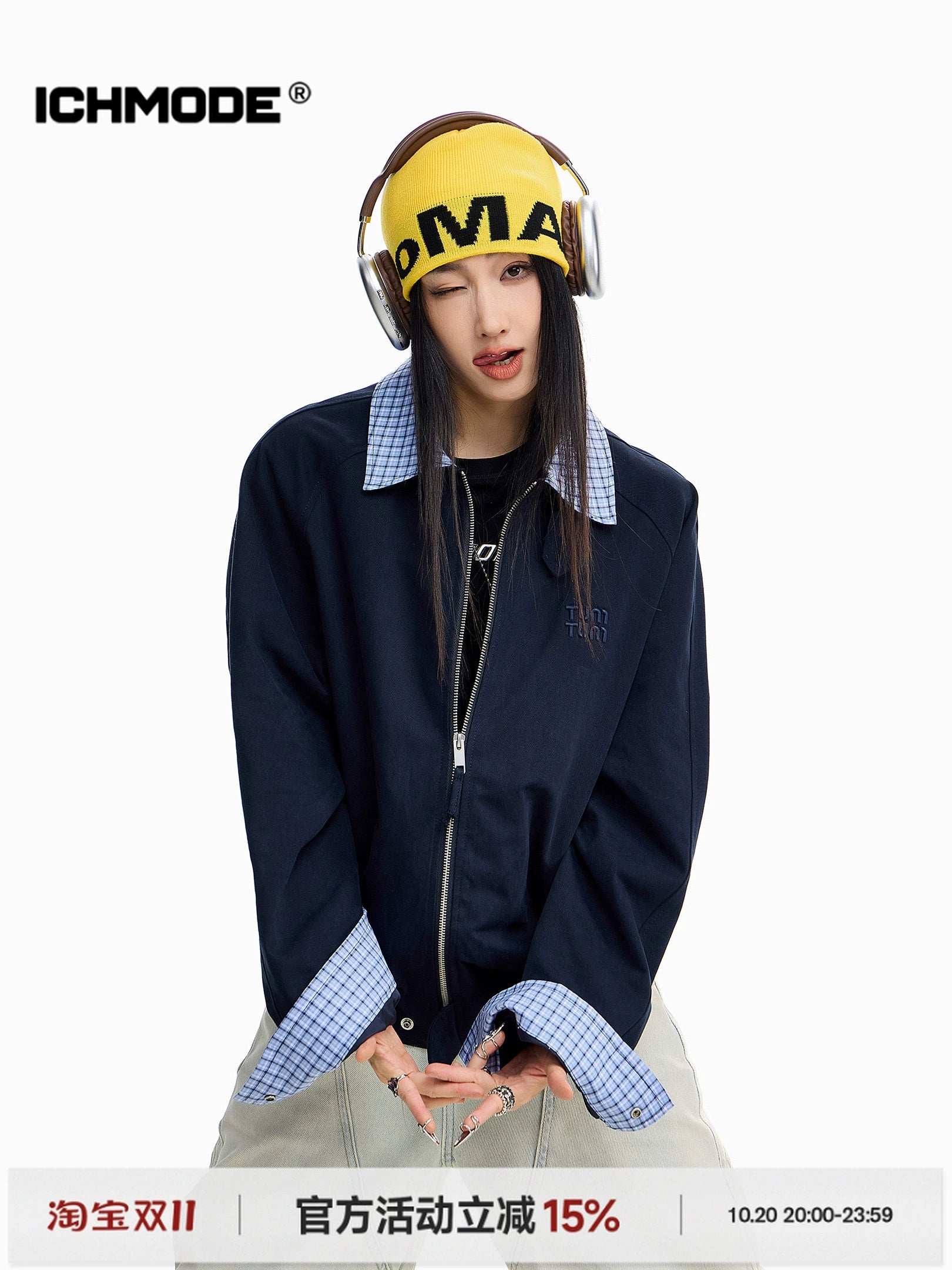 ICH MODE 美式复古格子拼接外套女秋冬宽松开衫夹克运动百搭上衣