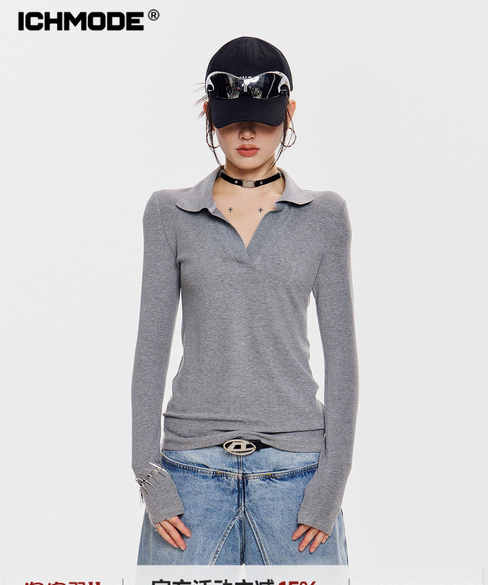 ICH MODE 美式POLO领针织长袖T恤女新款秋冬季修身上衣内搭打底衫