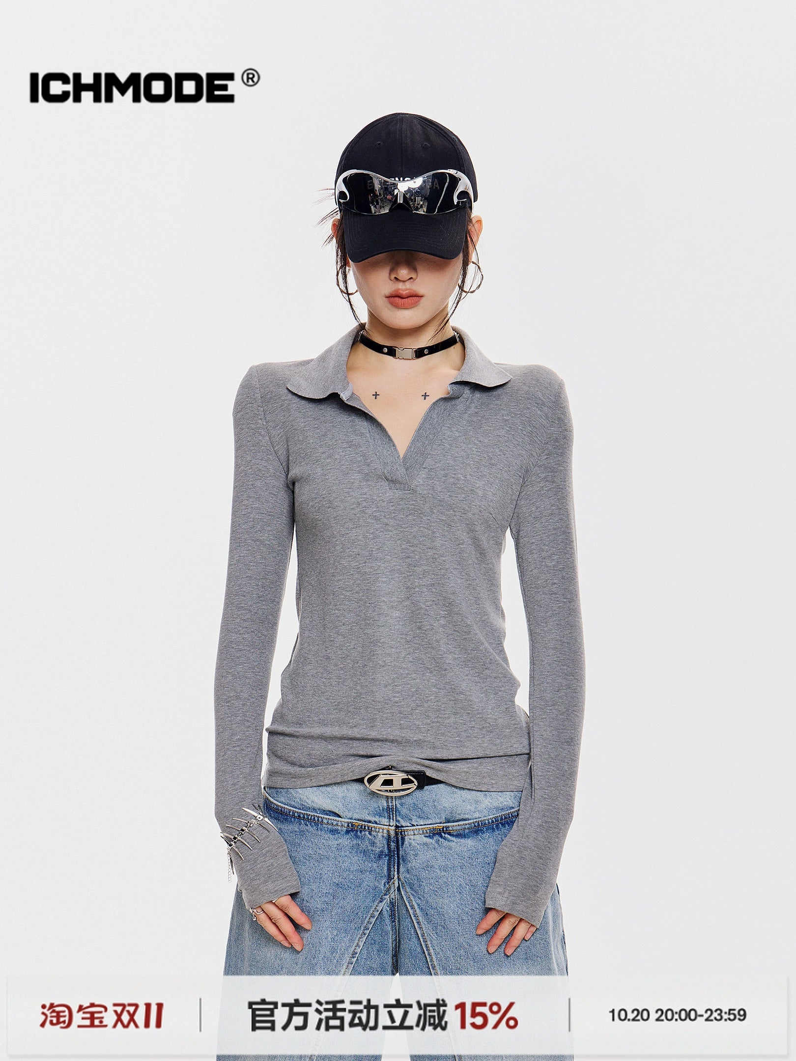 ICH MODE 美式POLO领针织长袖T恤女新款秋冬季修身上衣内搭打底衫