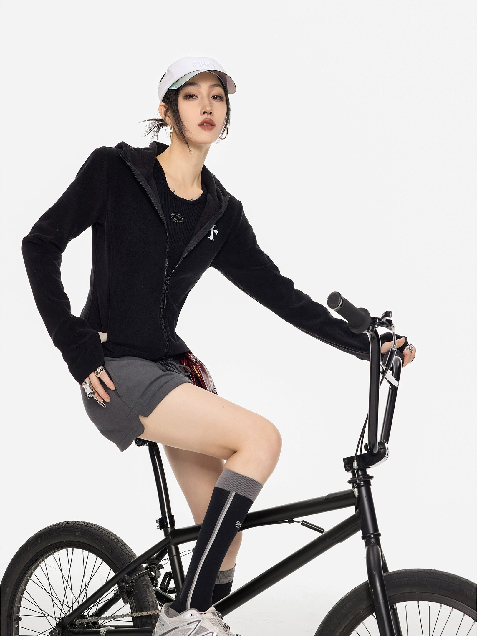 ICH MODE 美式复古摇粒绒短外套女新款秋冬连帽开衫卫衣修身上衣