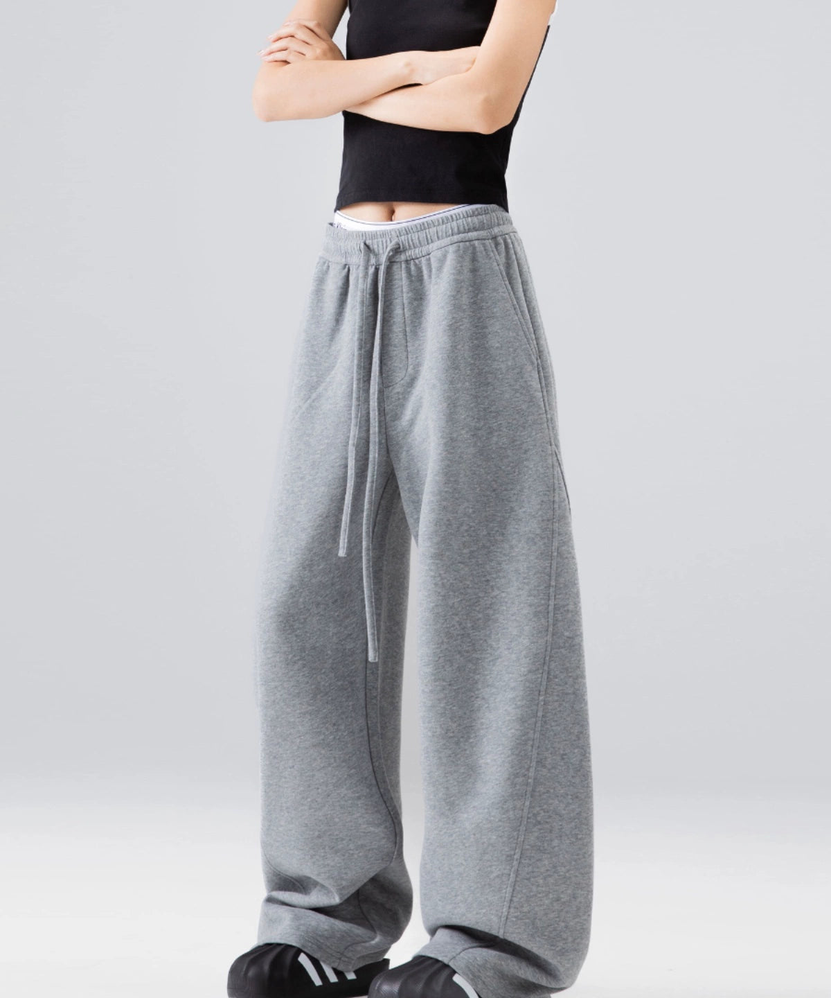 ICH MODE 美式加绒卫裤运动裤女秋冬新款宽松阔腿休闲裤弯刀裤子