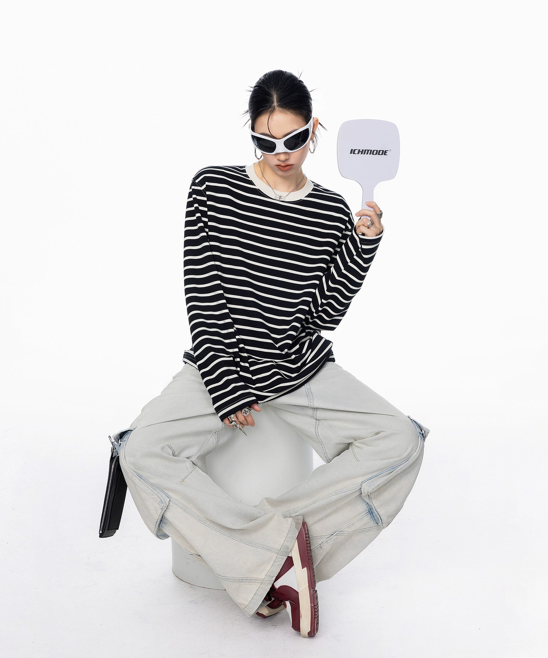 ICH MODE 美式复古圆领条纹长袖T恤女秋冬休闲百搭宽松打底上衣t