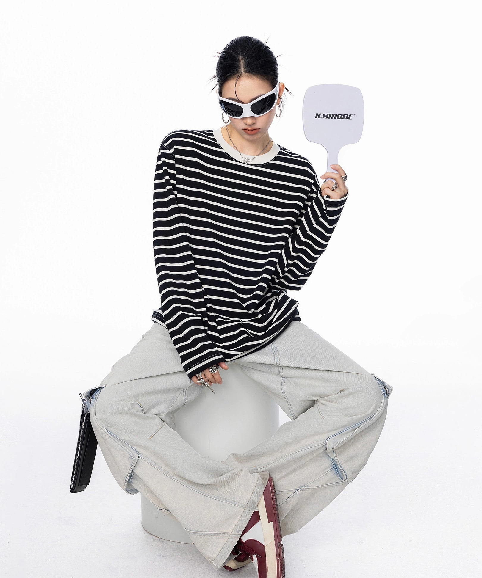 ICH MODE 美式复古圆领条纹长袖T恤女秋冬休闲百搭宽松打底上衣t