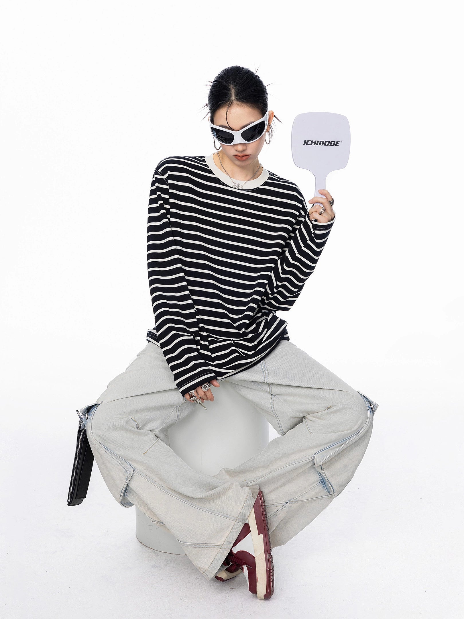 ICH MODE 美式复古圆领条纹长袖T恤女秋冬休闲百搭宽松打底上衣t