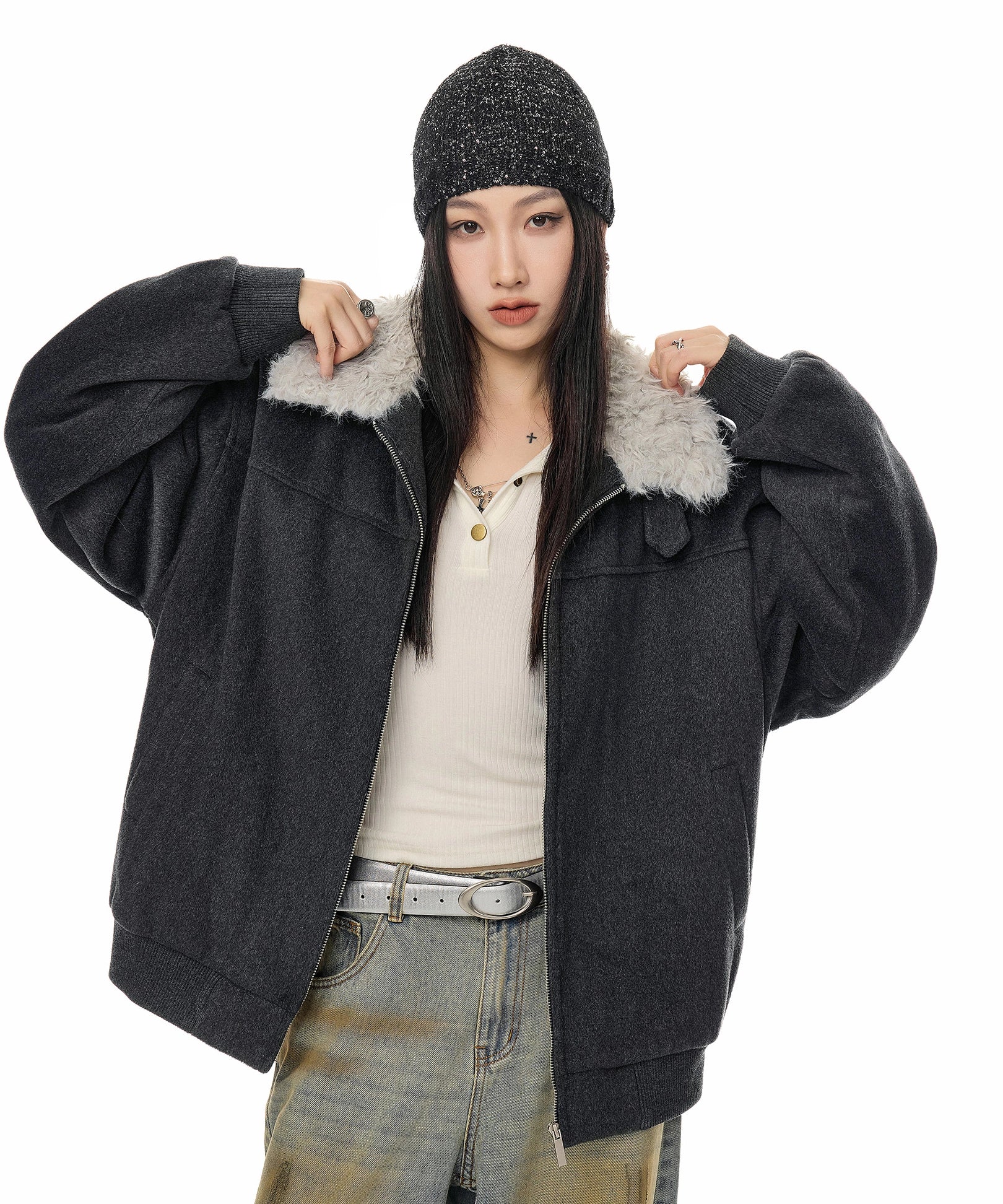 ICH MODE 美式复古毛领翻领棉服女2025新款冬季宽松防寒棉衣外套