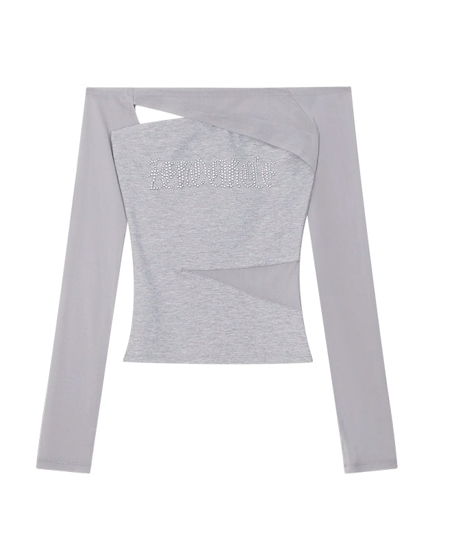 野生zerocircle 黑灰色一字肩网纱拼接上衣女夏季修身显瘦长袖t恤