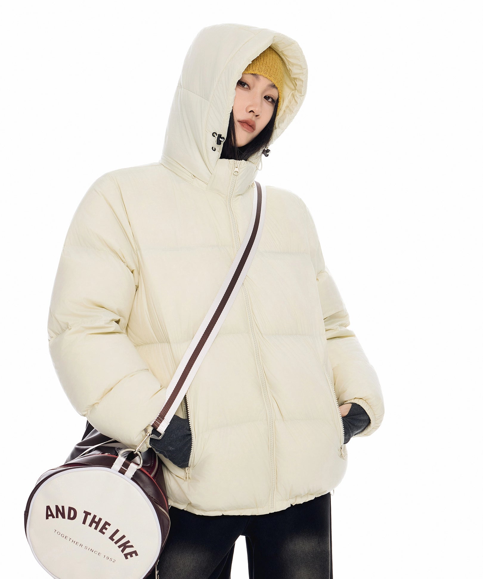 ICH MODE 美式复古泡芙连帽羽绒服女冬季90白鸭绒防寒保暖面包服