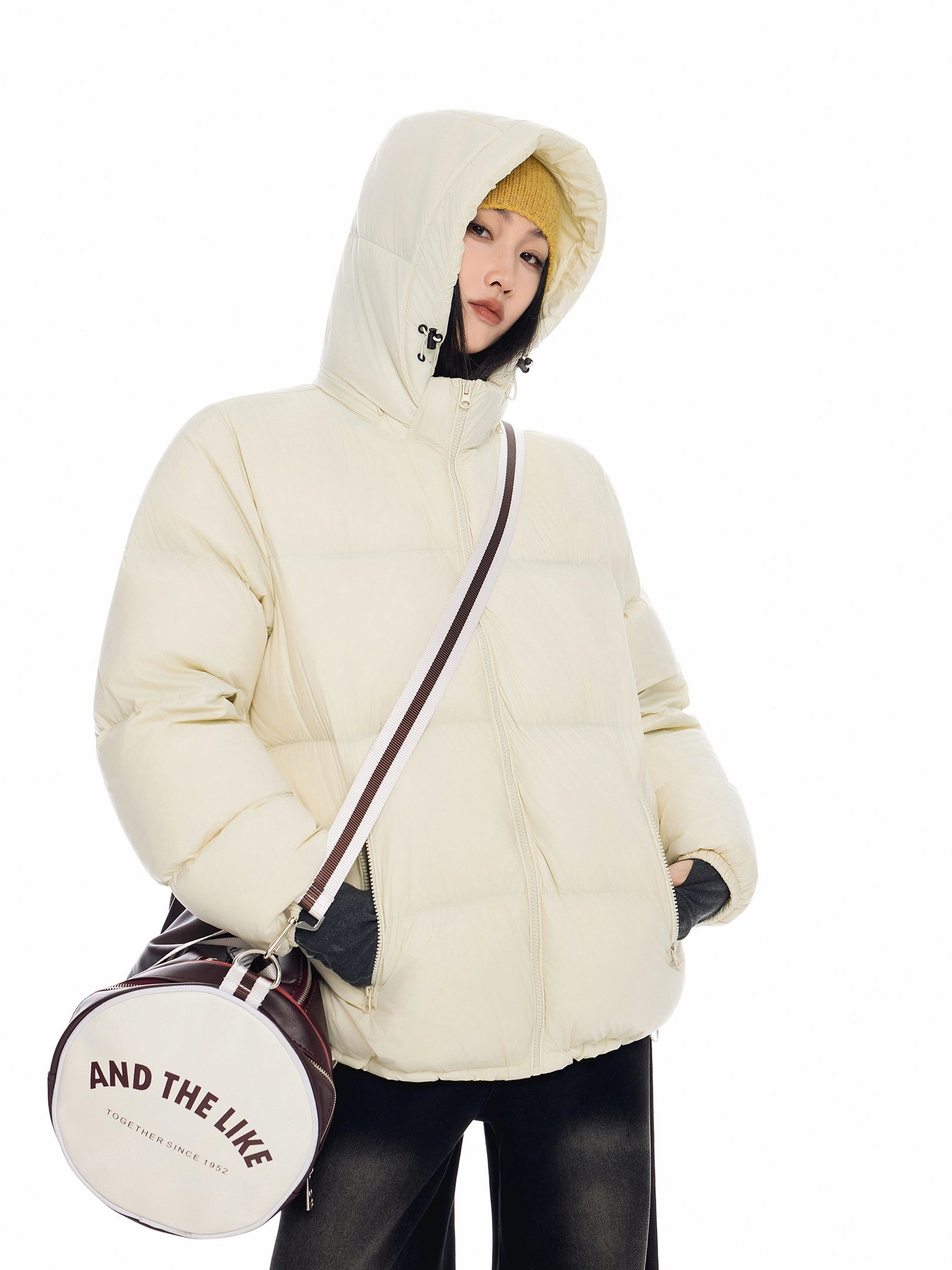 ICH MODE 美式复古泡芙连帽羽绒服女冬季90白鸭绒防寒保暖面包服