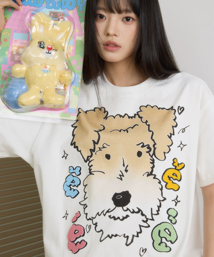 “白雪”｜eeee创意刚毛猎狐梗狗狗短袖宽松彩色字母牙刷绣T恤夏