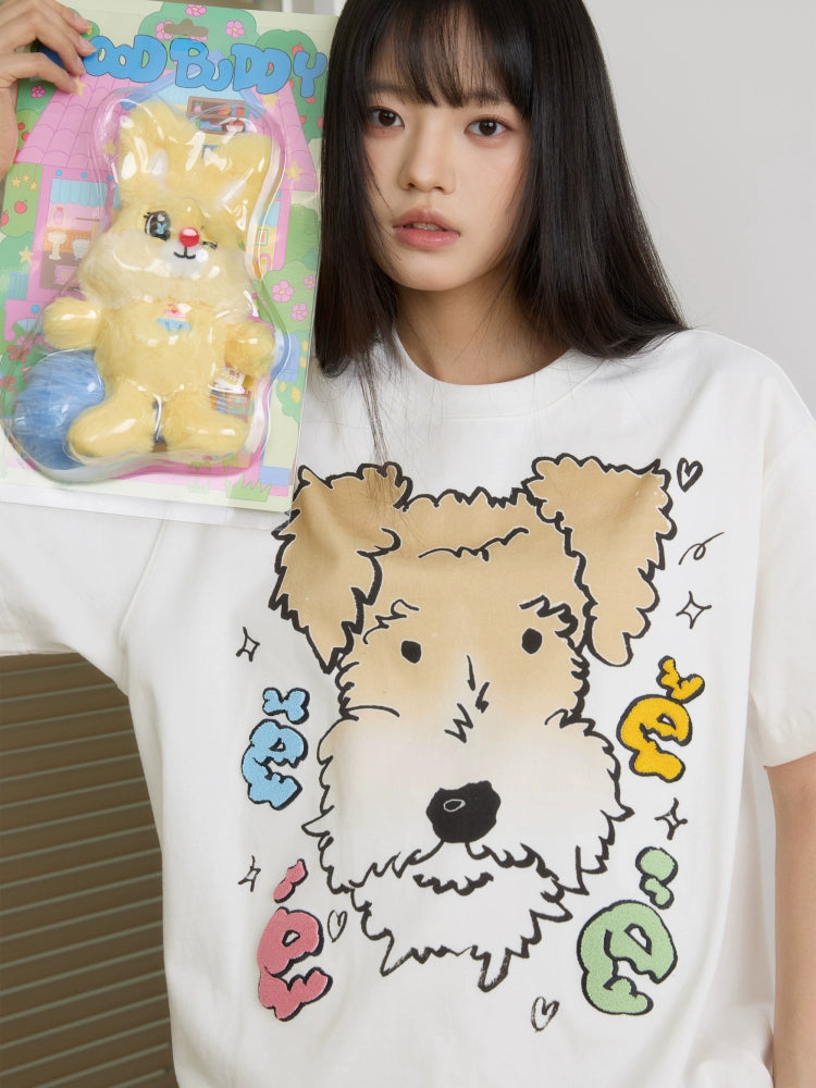 “白雪”｜eeee创意刚毛猎狐梗狗狗短袖宽松彩色字母牙刷绣T恤夏