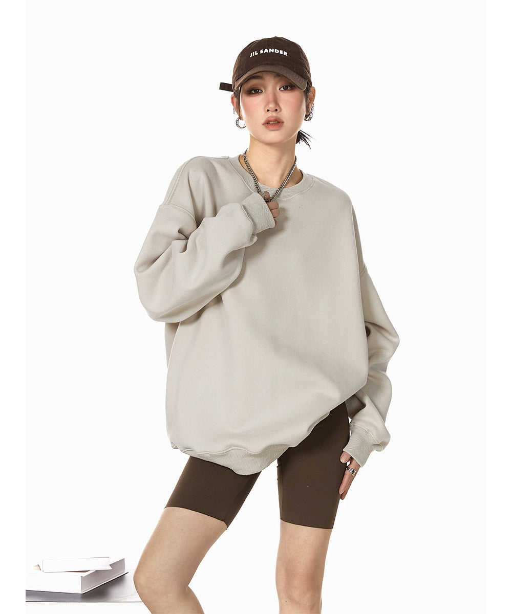 ICH MODE 美式圆领灰色卫衣女秋冬新款宽松慵懒纯色套头外套上衣