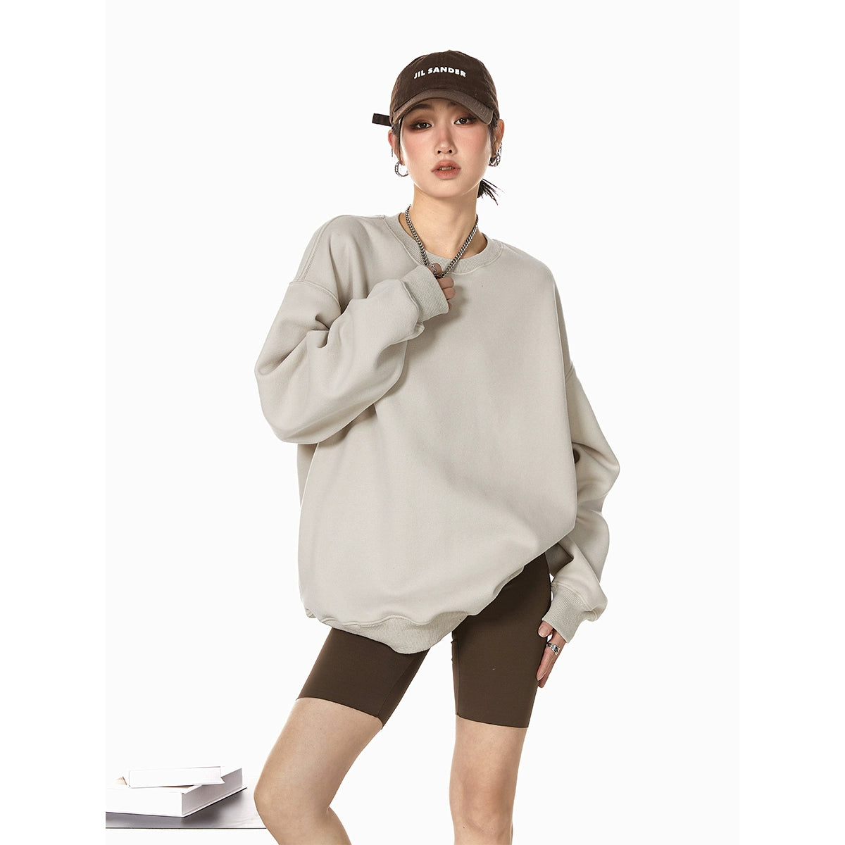 ICH MODE 美式圆领灰色卫衣女秋冬新款宽松慵懒纯色套头外套上衣