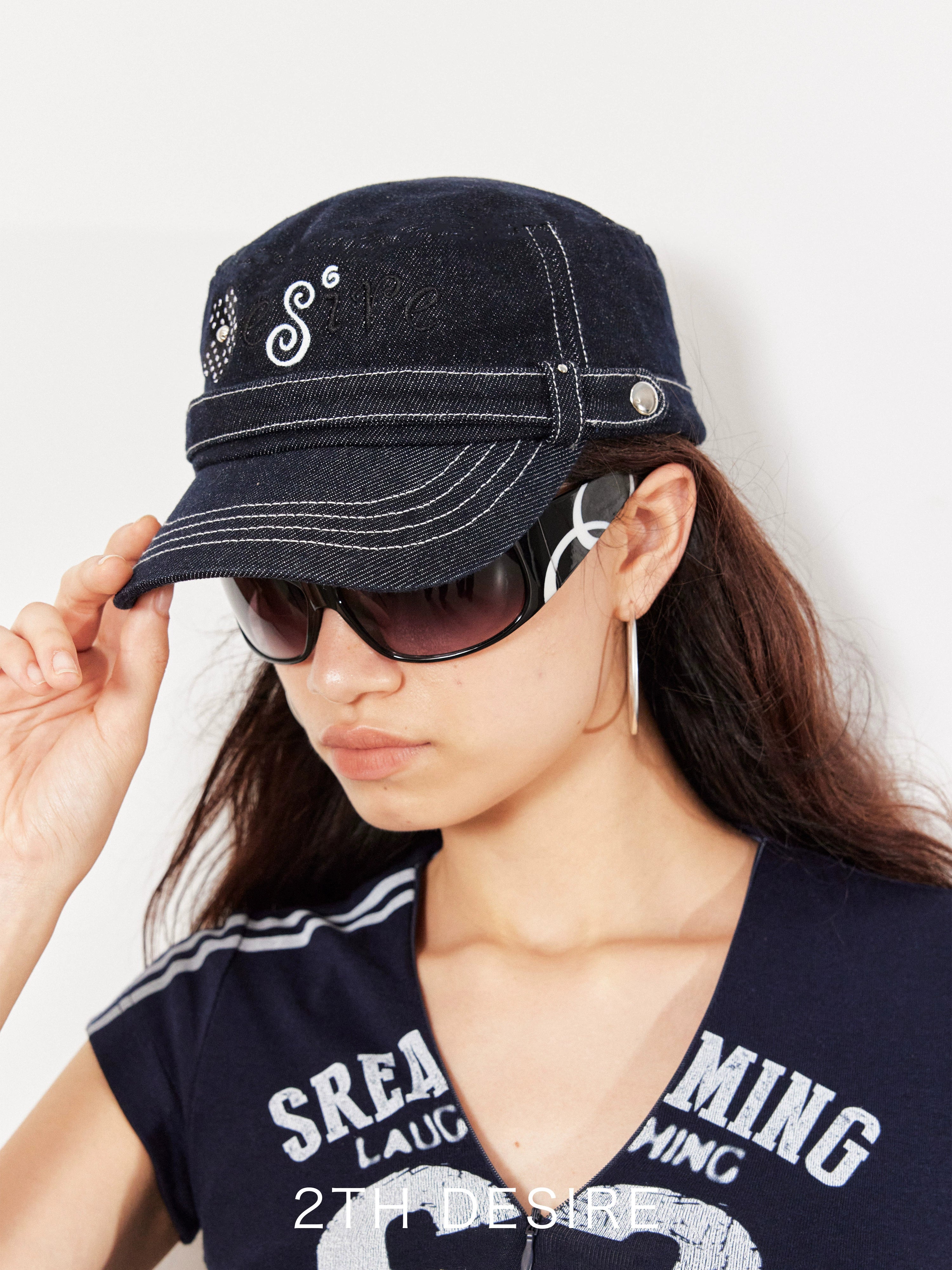 2th Desire原创原牛波点花朵字母刺绣撞色线菊花钉铆钉马术画报帽