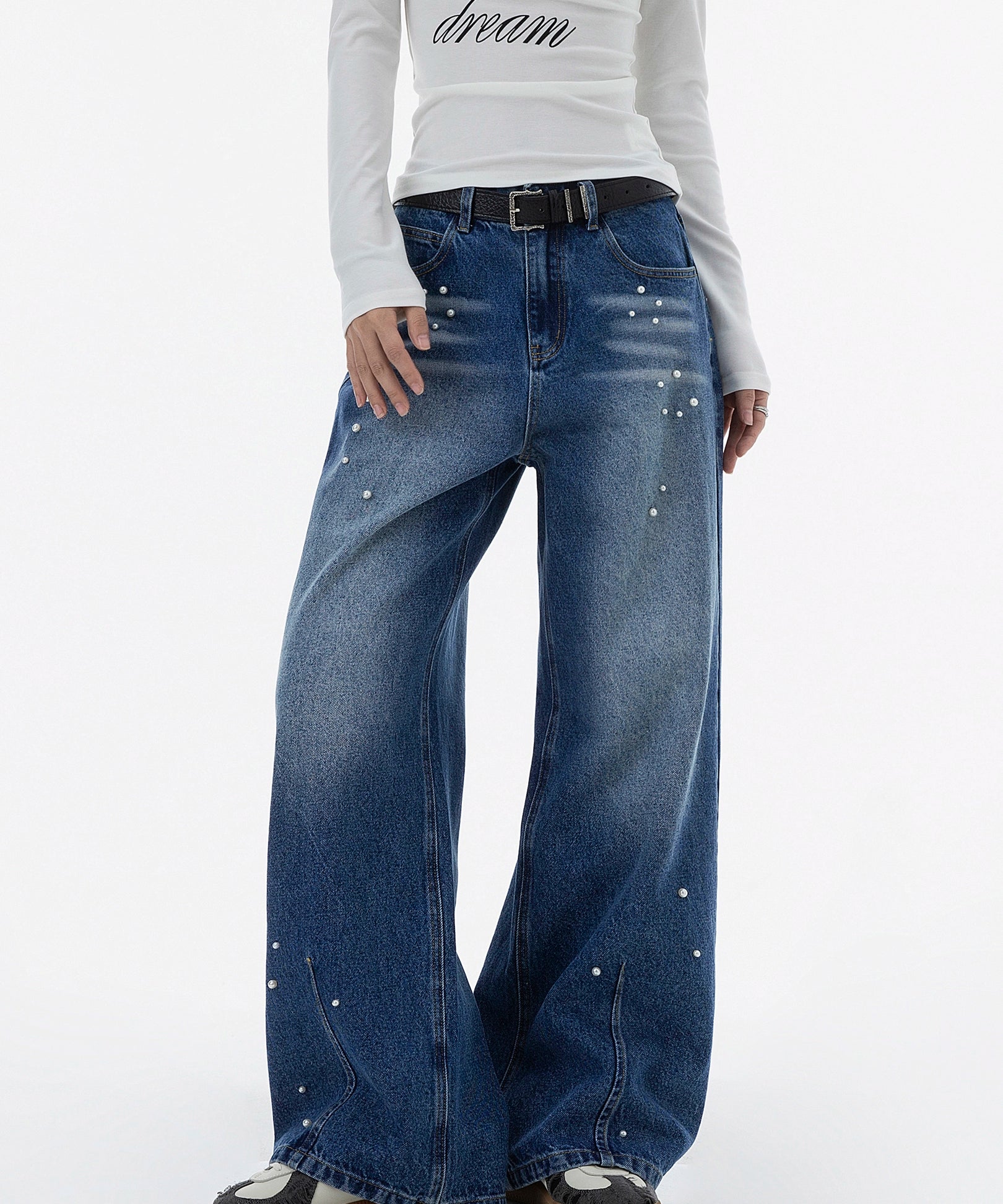 ICH MODE 美式复古珍珠牛仔裤女休闲裤宽松直筒裤子运动裤阔腿裤