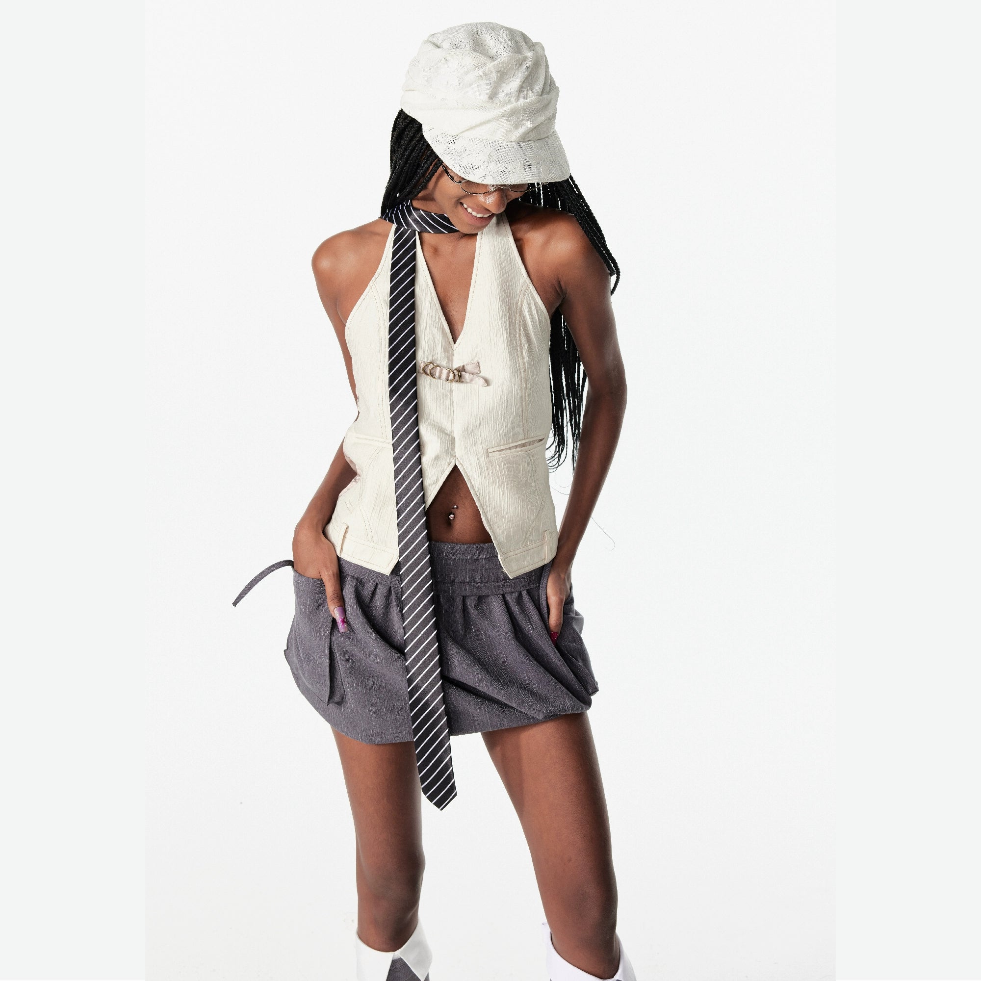 2th Desire复古口袋多褶银丝条纹蝴蝶结绑带A字花苞短裙半身裙女