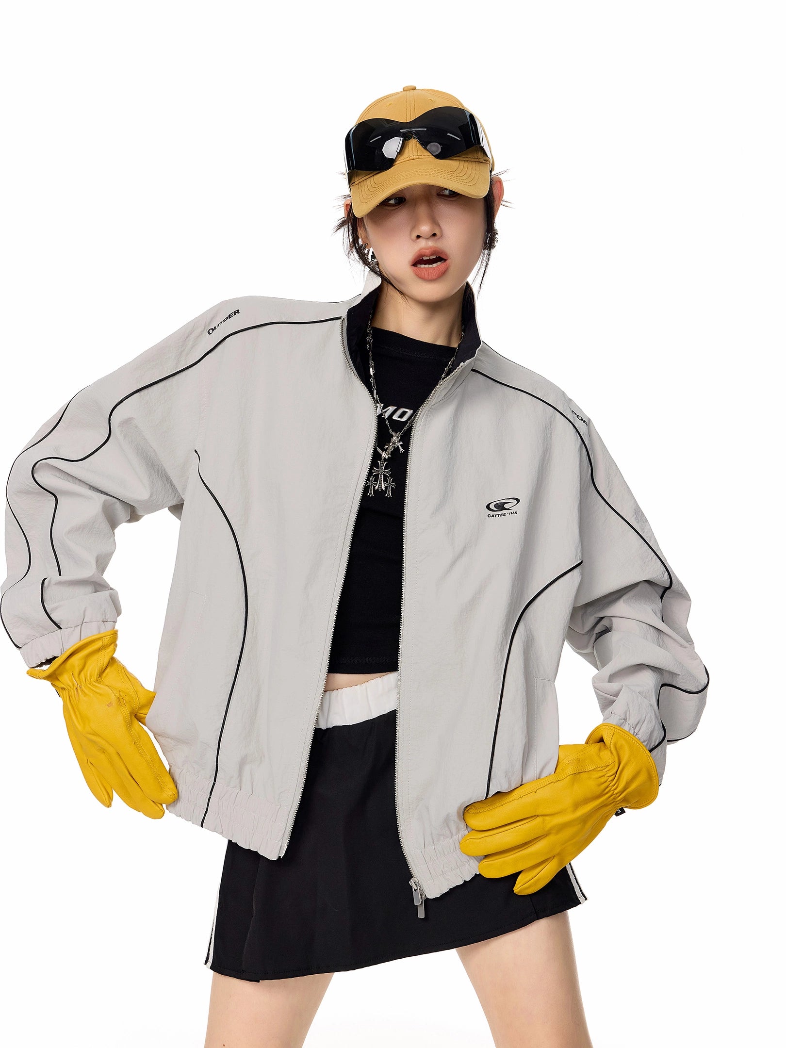 ICH MODE 美式复古撞色条纹外套女秋冬新款运动宽松休闲夹克上衣