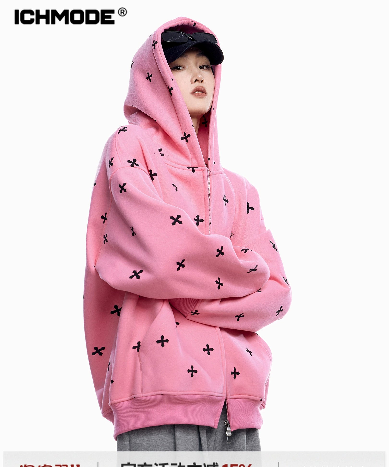 ICH MODE 美式复古满印十字架连帽卫衣外套女秋冬季拉链上衣开衫