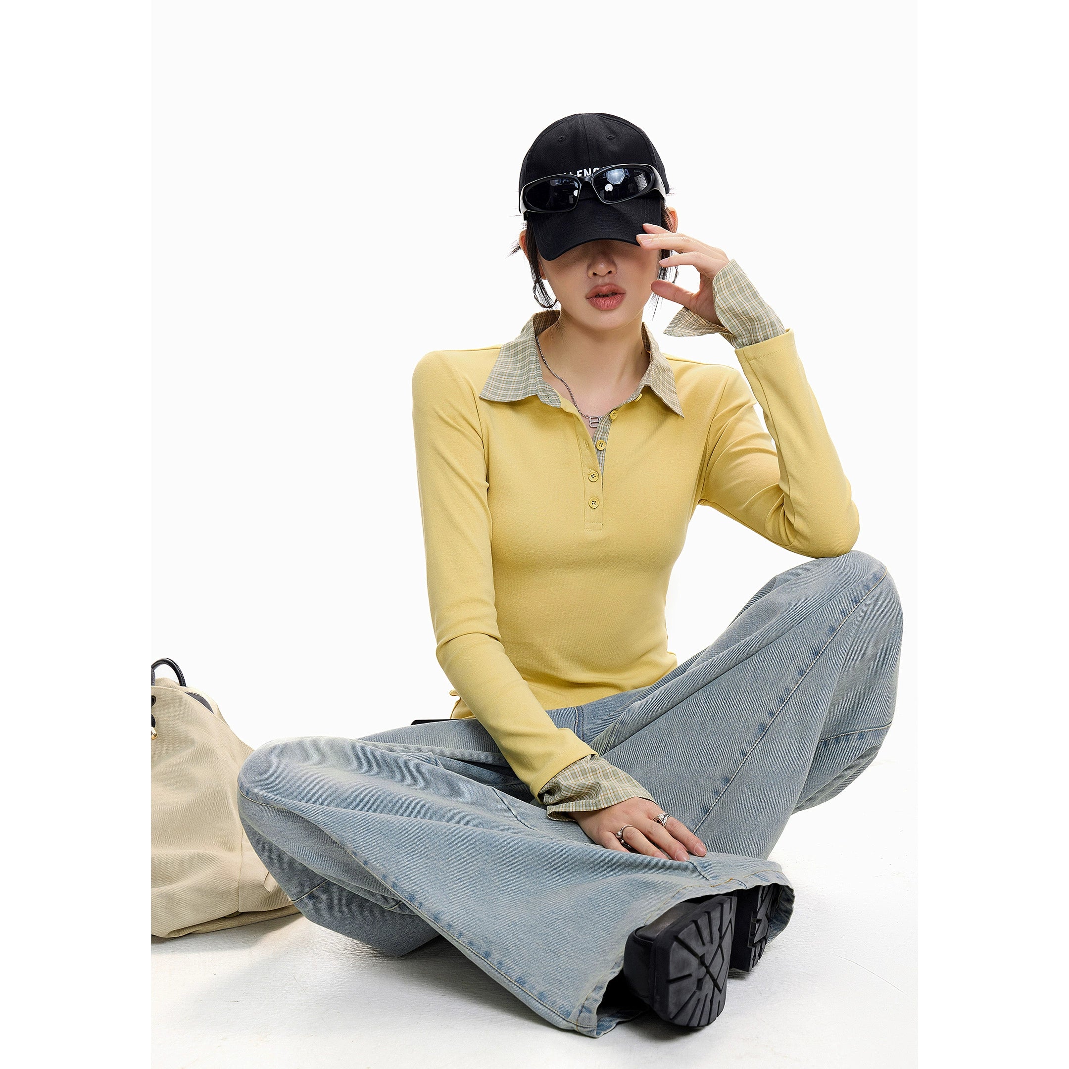 ICH MODE 美式复古格子拼接长袖POLOT恤女秋冬修身正肩上衣打底衫