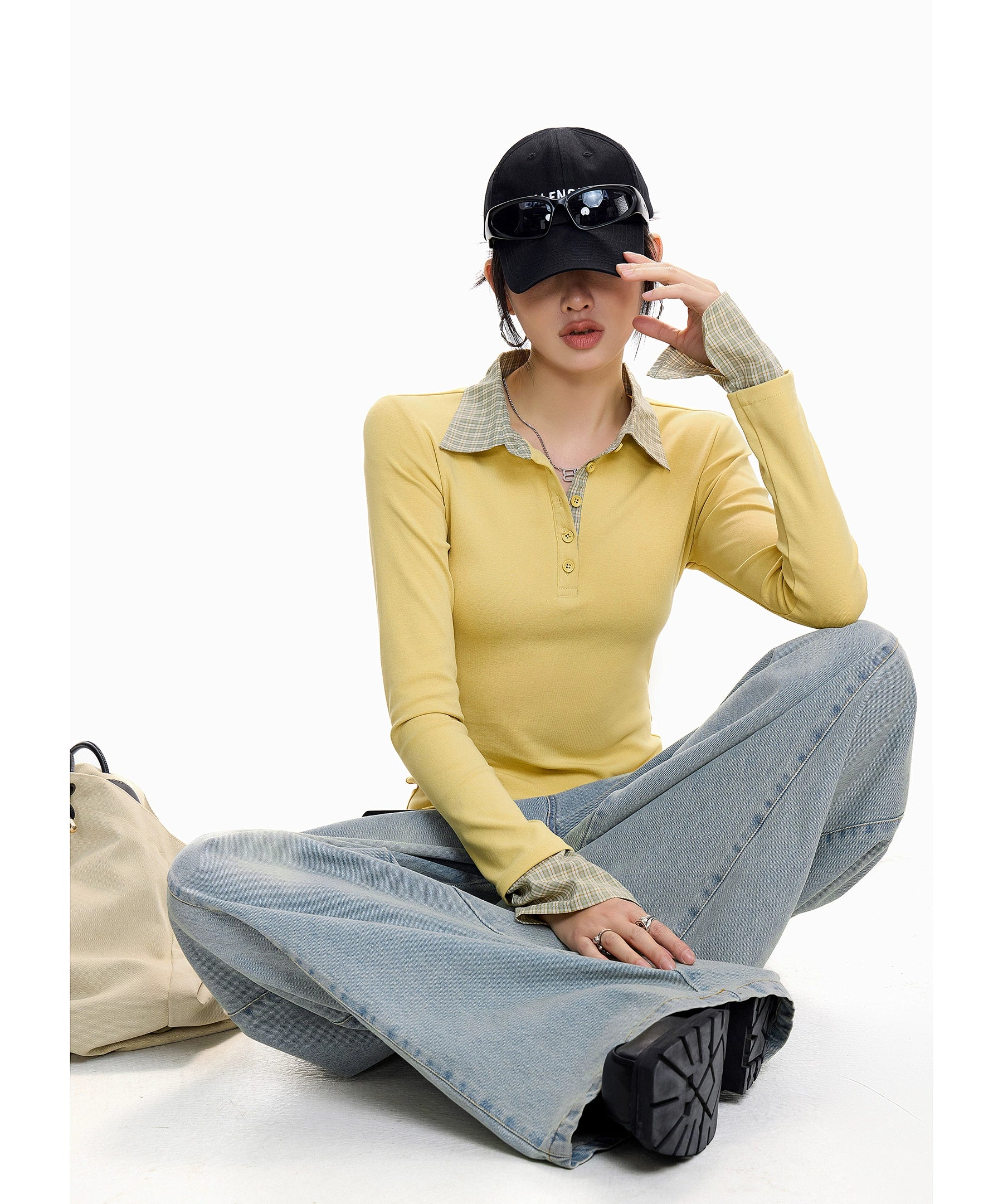 ICH MODE 美式假两件POLO领T恤女秋冬修身长袖格子内搭打底衫上衣