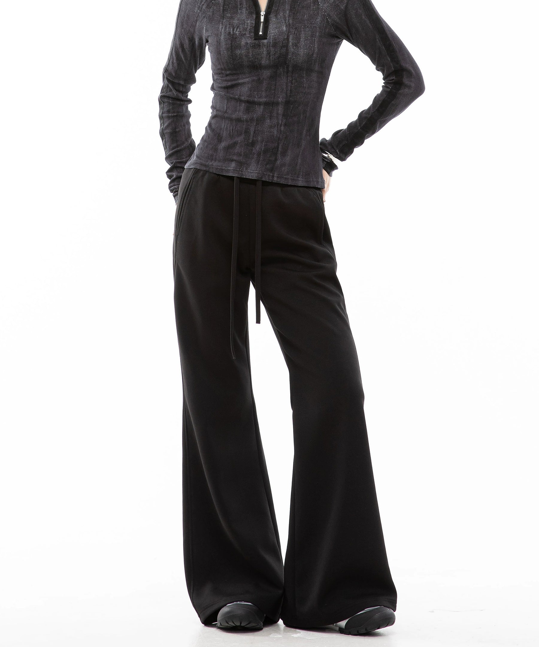 ICH MODE 美式复古微喇休闲裤女抽绳运动裤宽松直筒裤阔腿裤卫裤