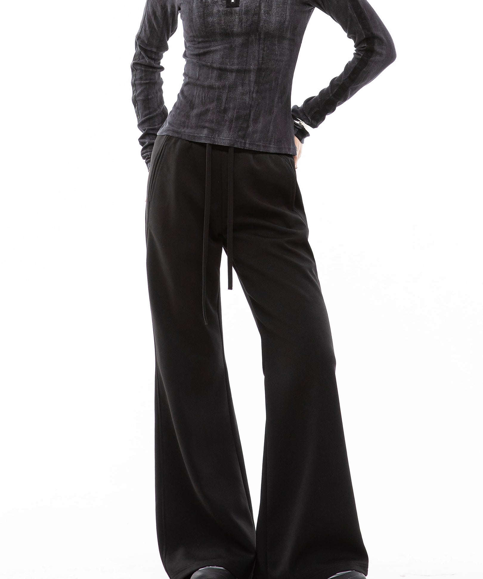 ICH MODE 美式复古微喇休闲裤女抽绳运动裤宽松直筒裤阔腿裤卫裤