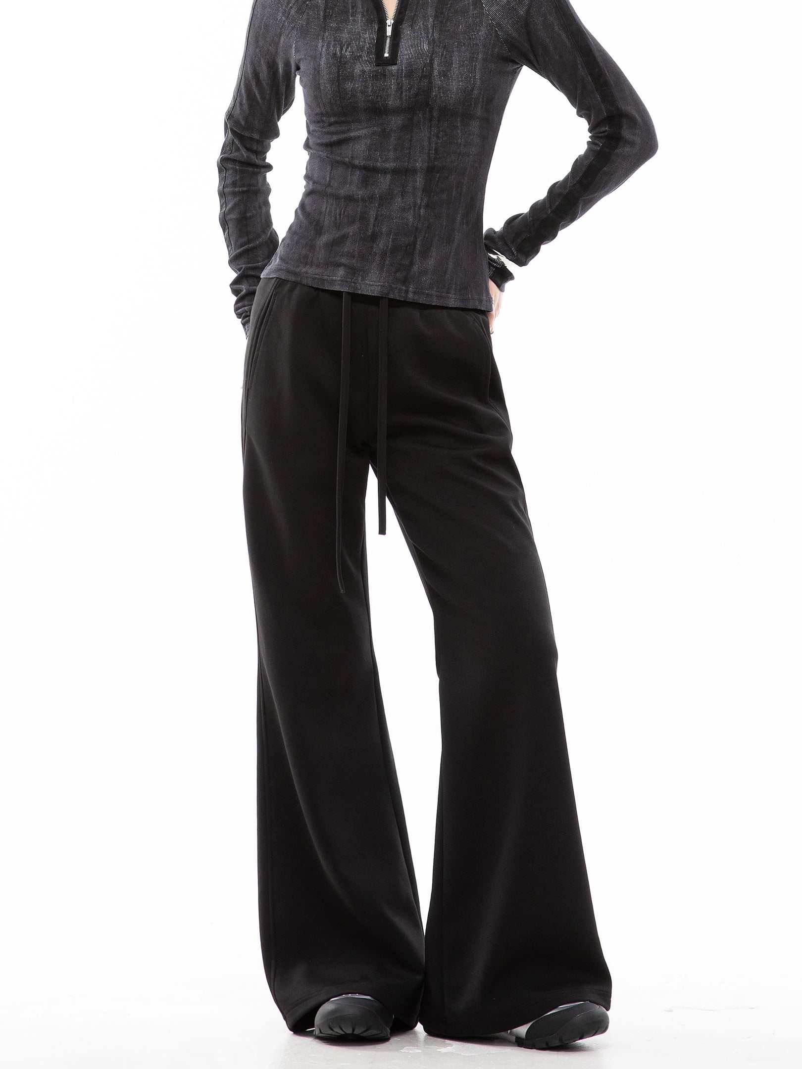 ICH MODE 美式复古微喇休闲裤女抽绳运动裤宽松直筒裤阔腿裤卫裤