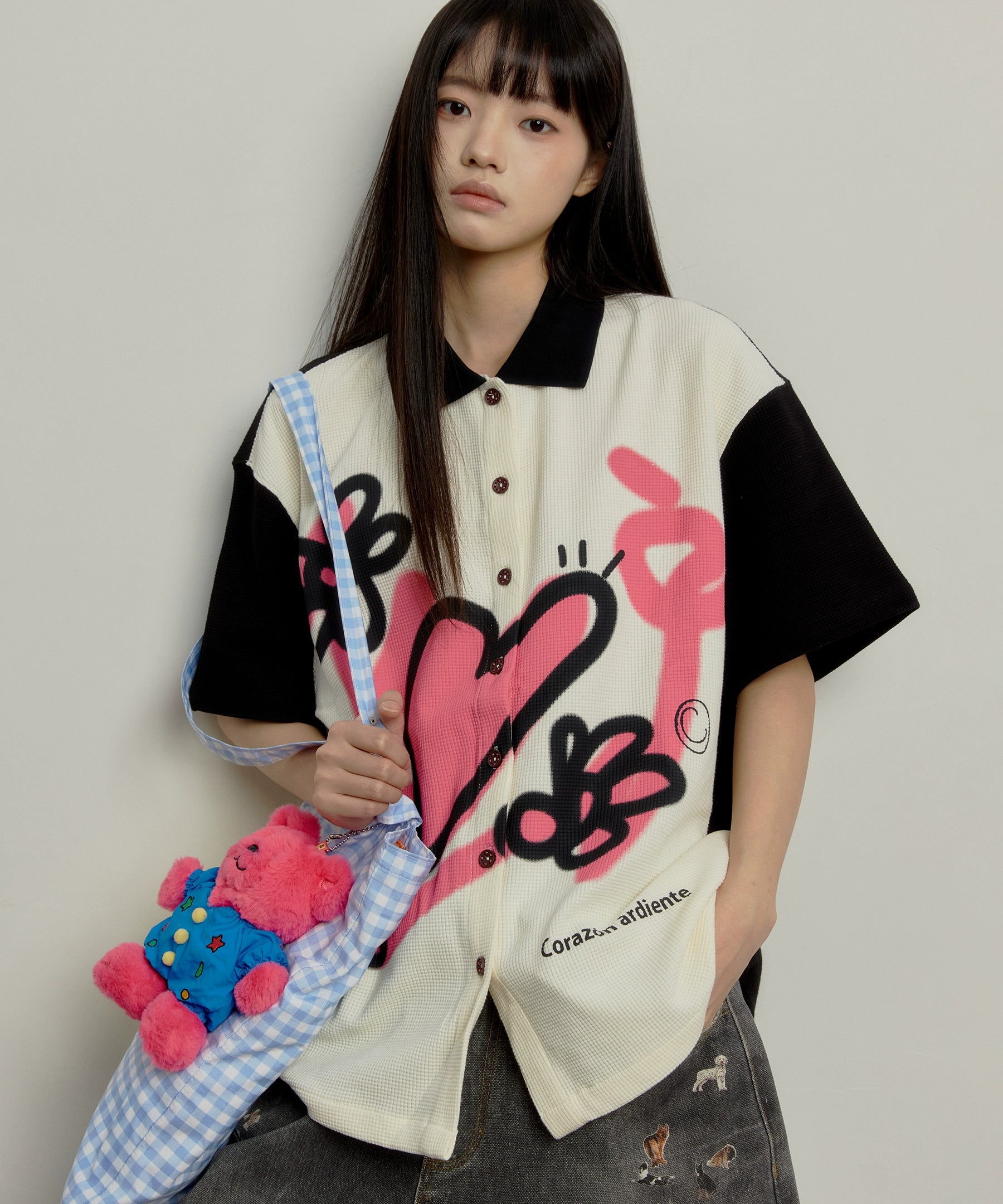 “花语”| eeee小众设计感趣味涂鸦短袖衬衫黑白撞色华夫格衬衣夏