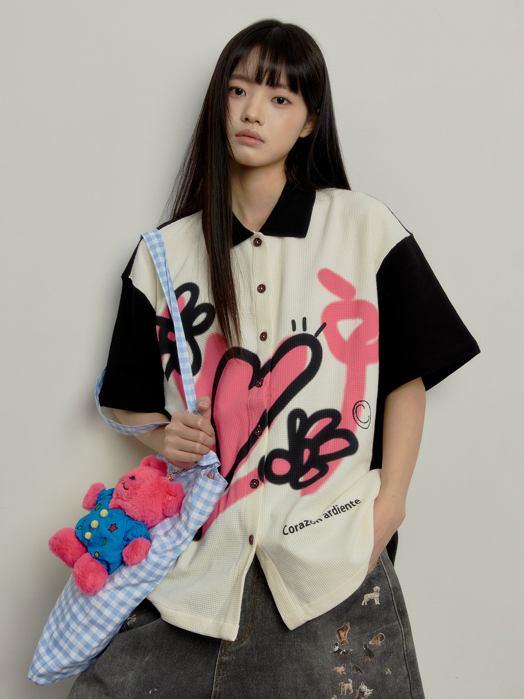 “花语”| eeee小众设计感趣味涂鸦短袖衬衫黑白撞色华夫格衬衣夏