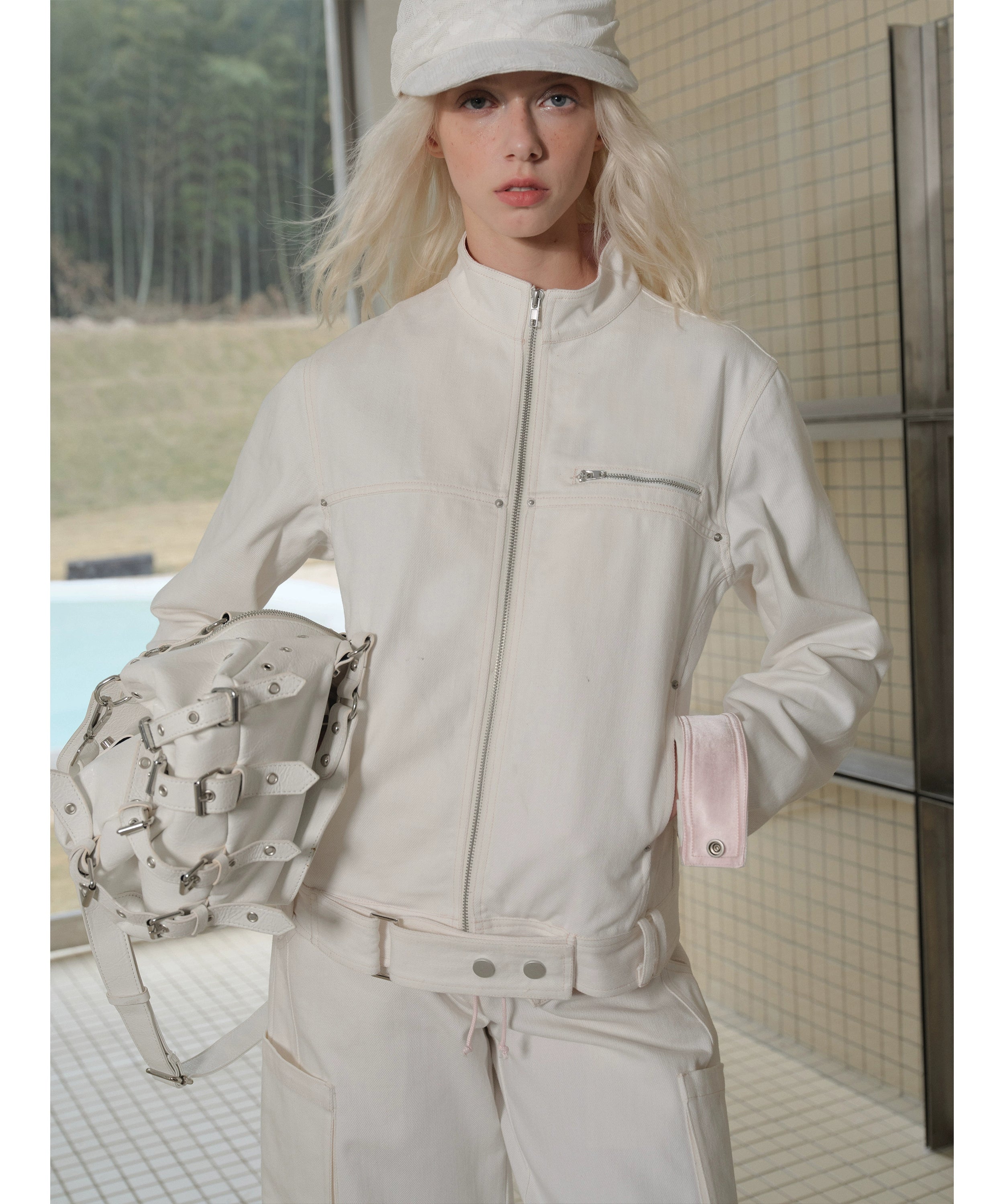 2th Desire复古立领撞色拼接工装机车夹克宽松廓形原牛牛仔外套女