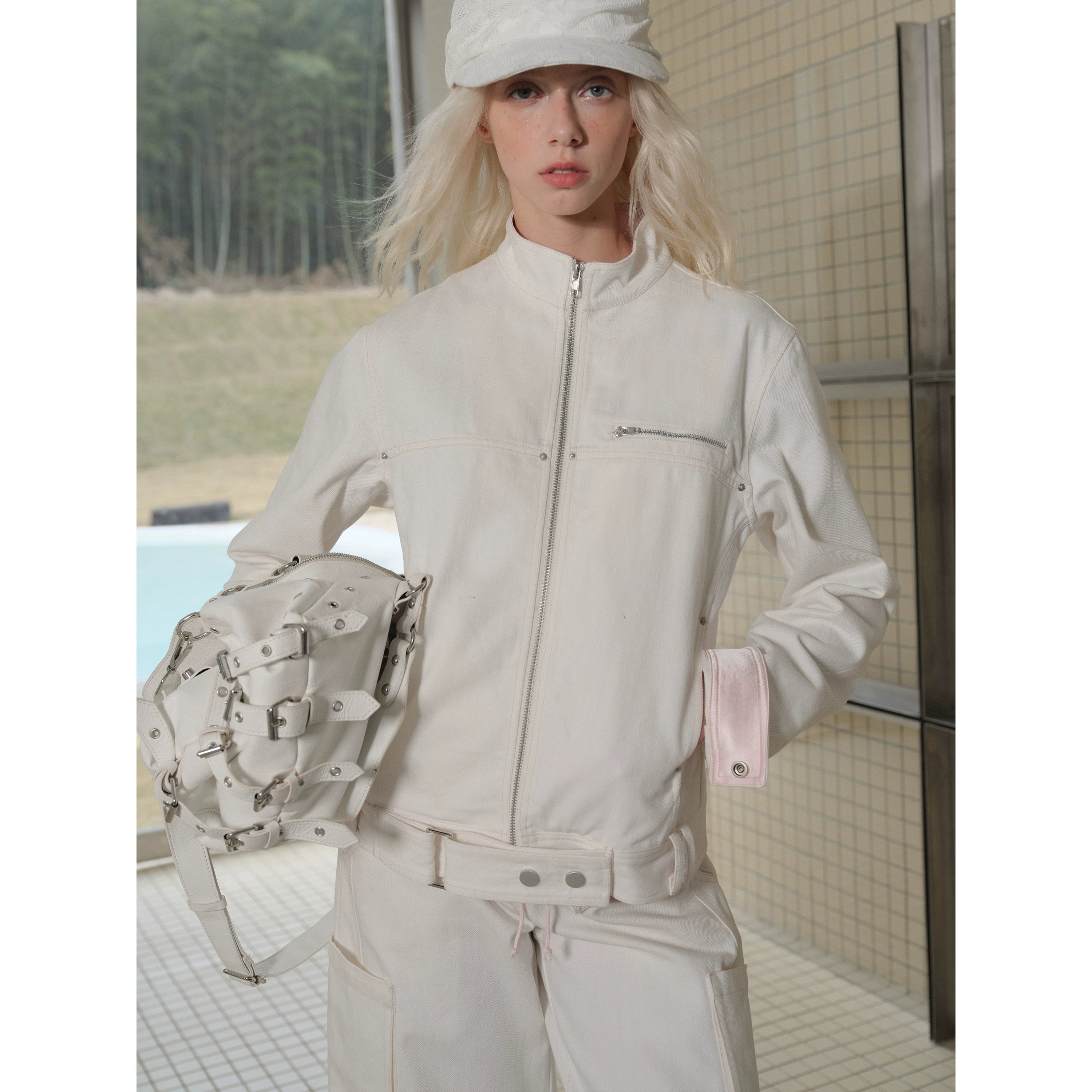 2th Desire复古立领撞色拼接工装机车夹克宽松廓形原牛牛仔外套女