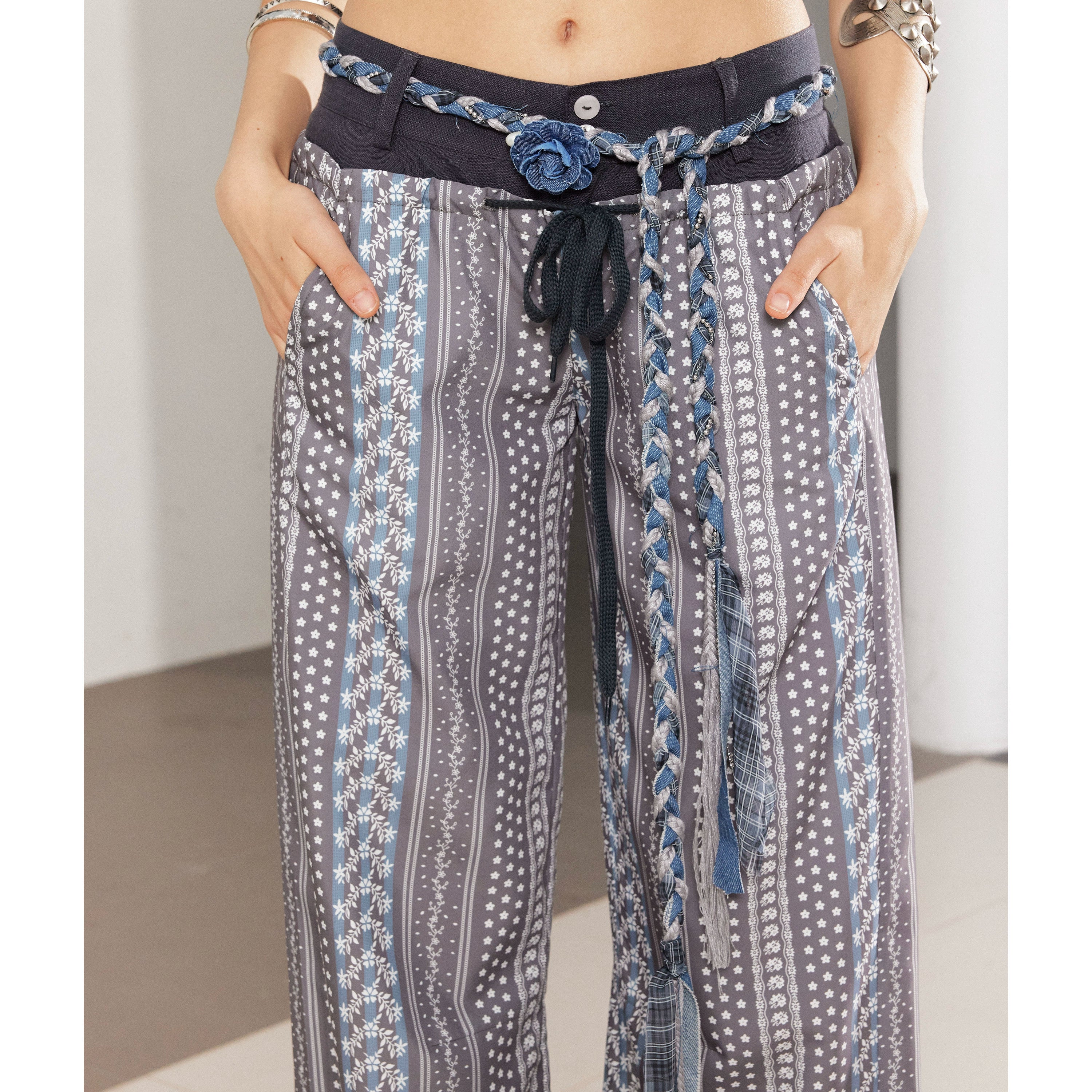 2th Desire复古手工编织亚麻腰带撞色条纹串珠彩色石头流浪感腰绳