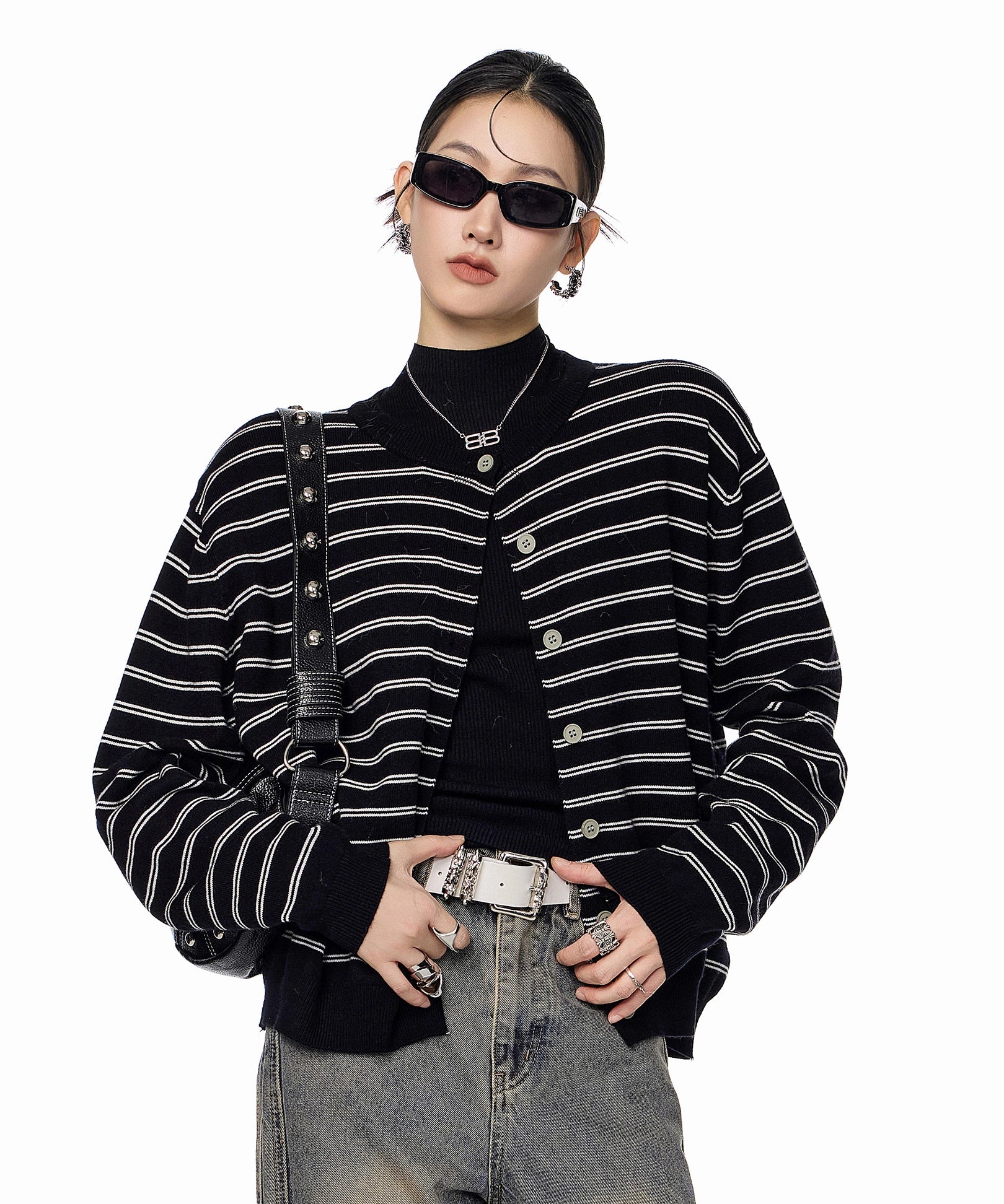 ICH MODE 美式复古条纹针织开衫女秋冬宽松毛衣休闲外搭上衣外套