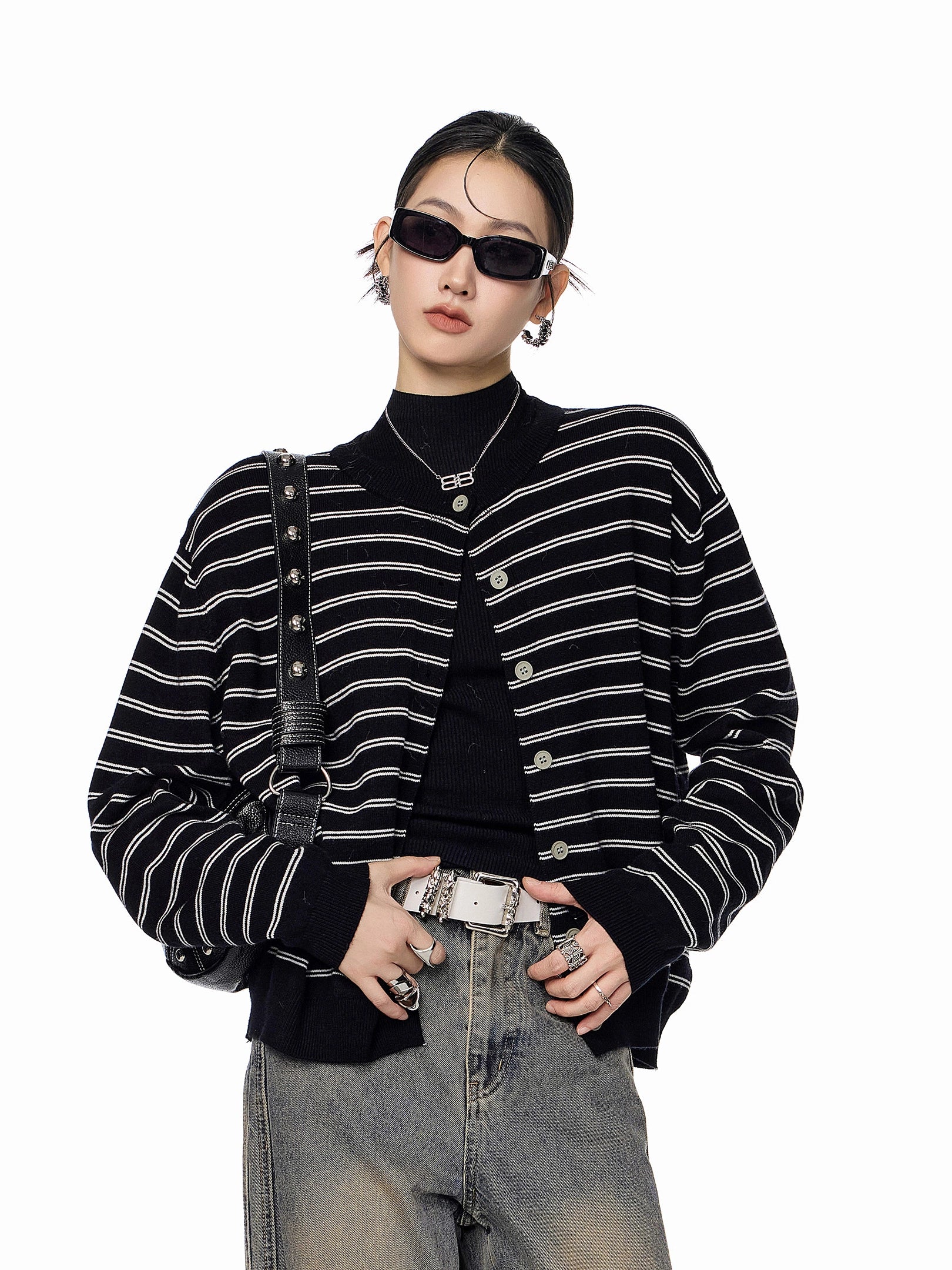 ICH MODE 美式复古条纹针织开衫女秋冬宽松毛衣休闲外搭上衣外套