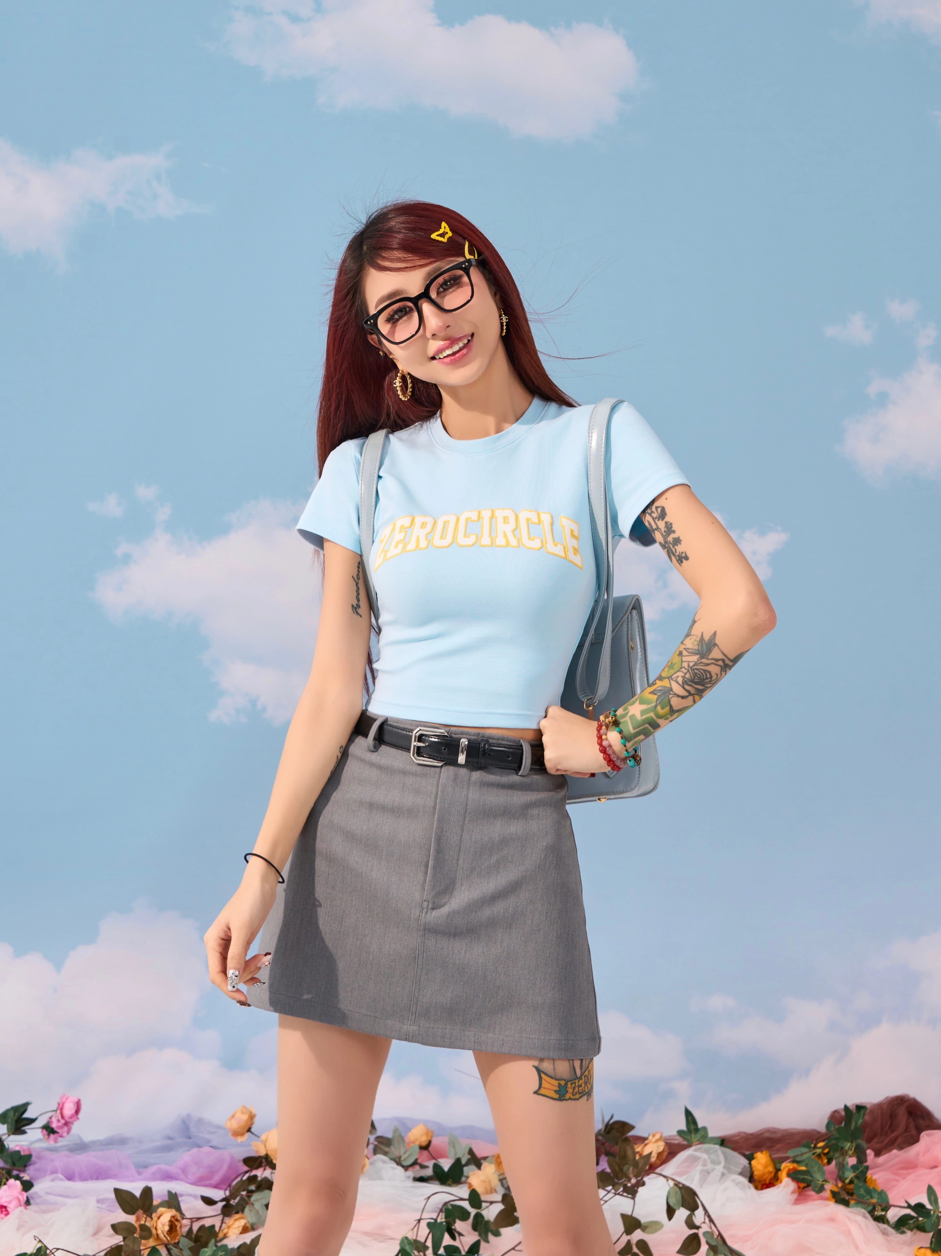 野生zerocircle军绿棕色短袖t恤女夏abg辣妹修身显瘦正肩短款上衣