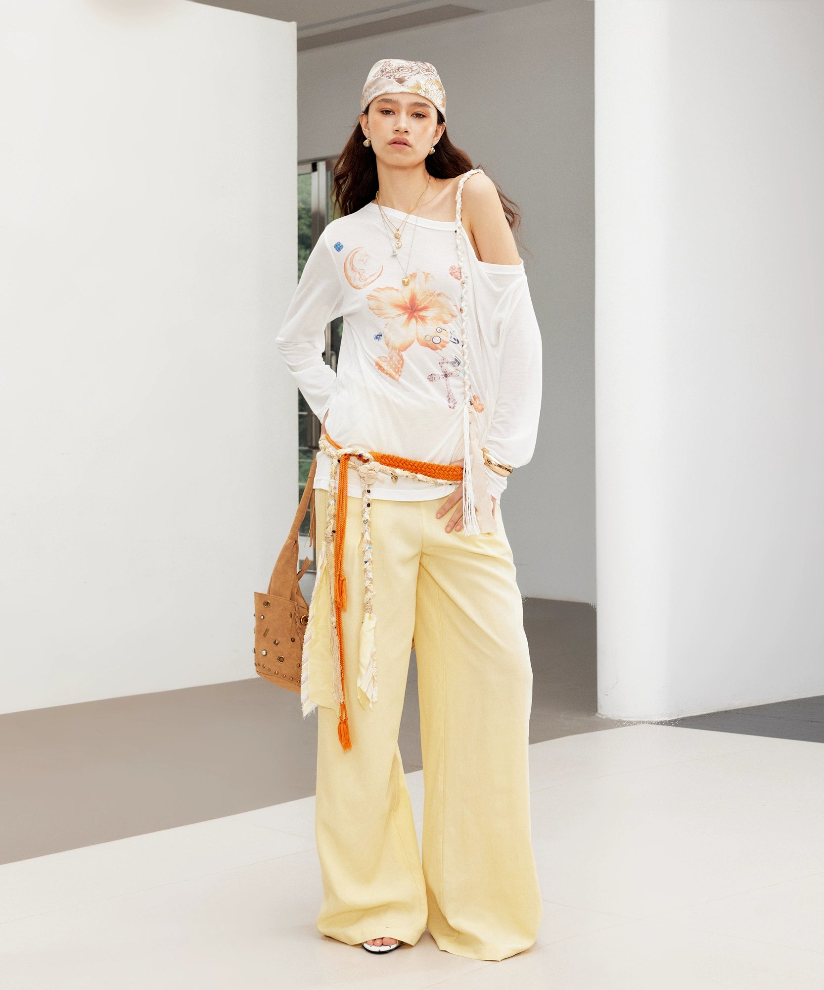 2th Desire复古松弛垂坠撞色腰头蕾丝花边拼接宽松直筒亚麻休闲裤