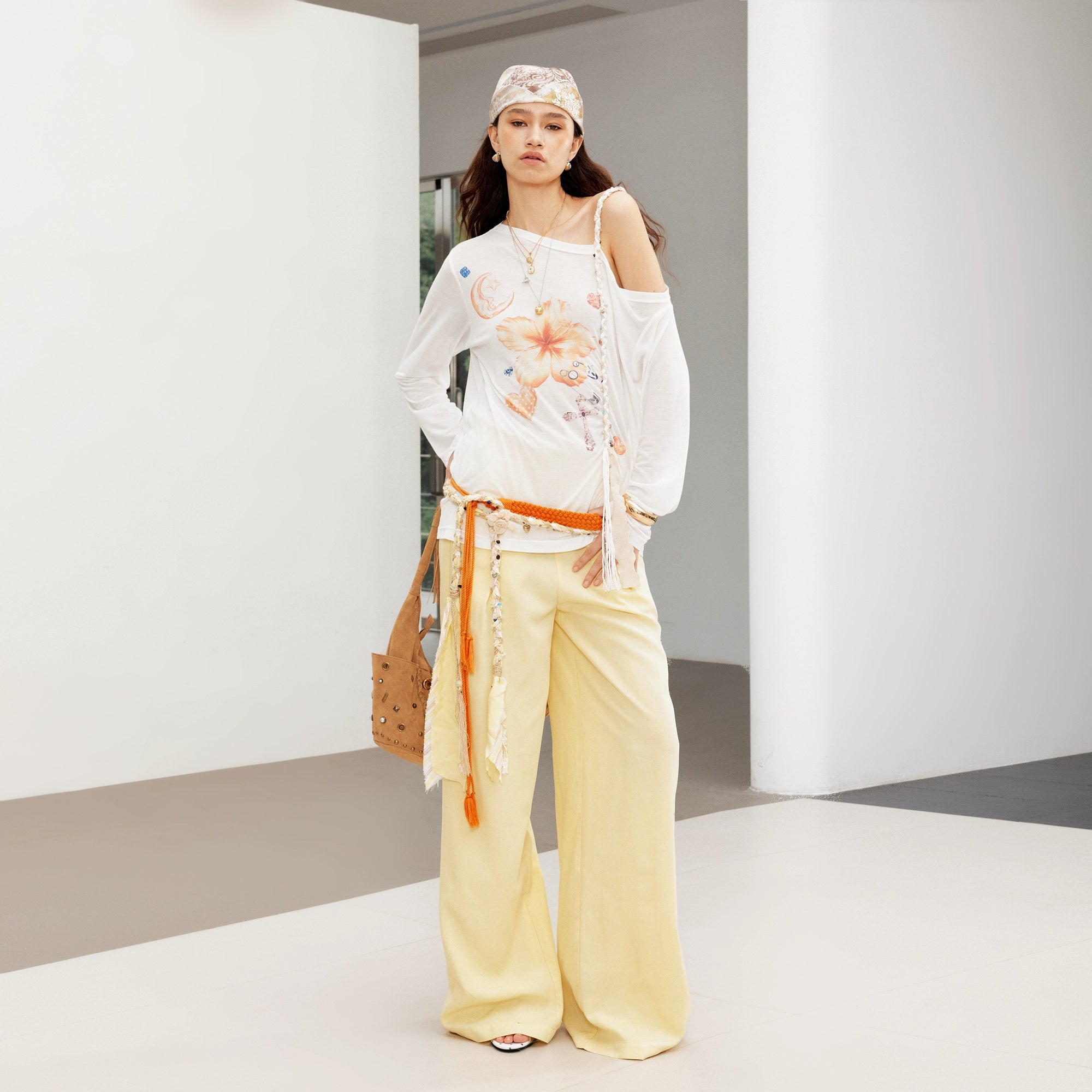 2th Desire复古松弛垂坠撞色腰头蕾丝花边拼接宽松直筒亚麻休闲裤