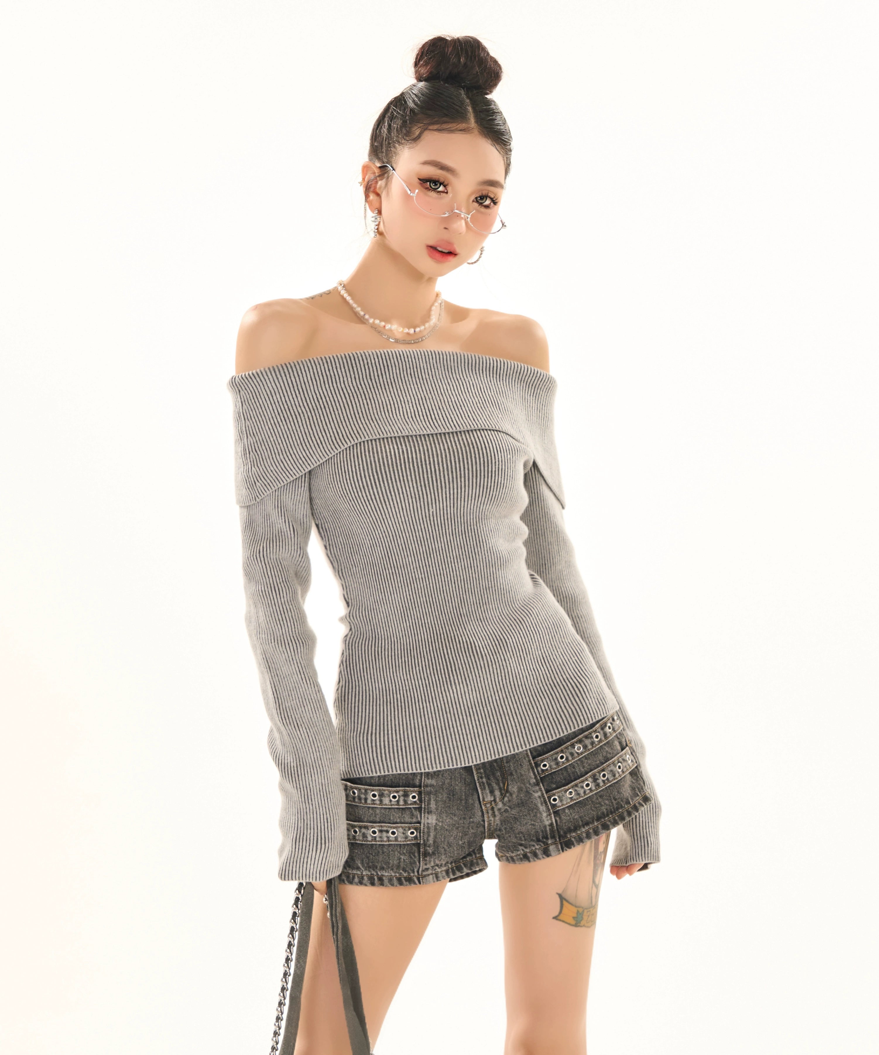 野生zerocircle灰绿色针织衫女春修身显瘦小众辣妹一字肩长袖上衣