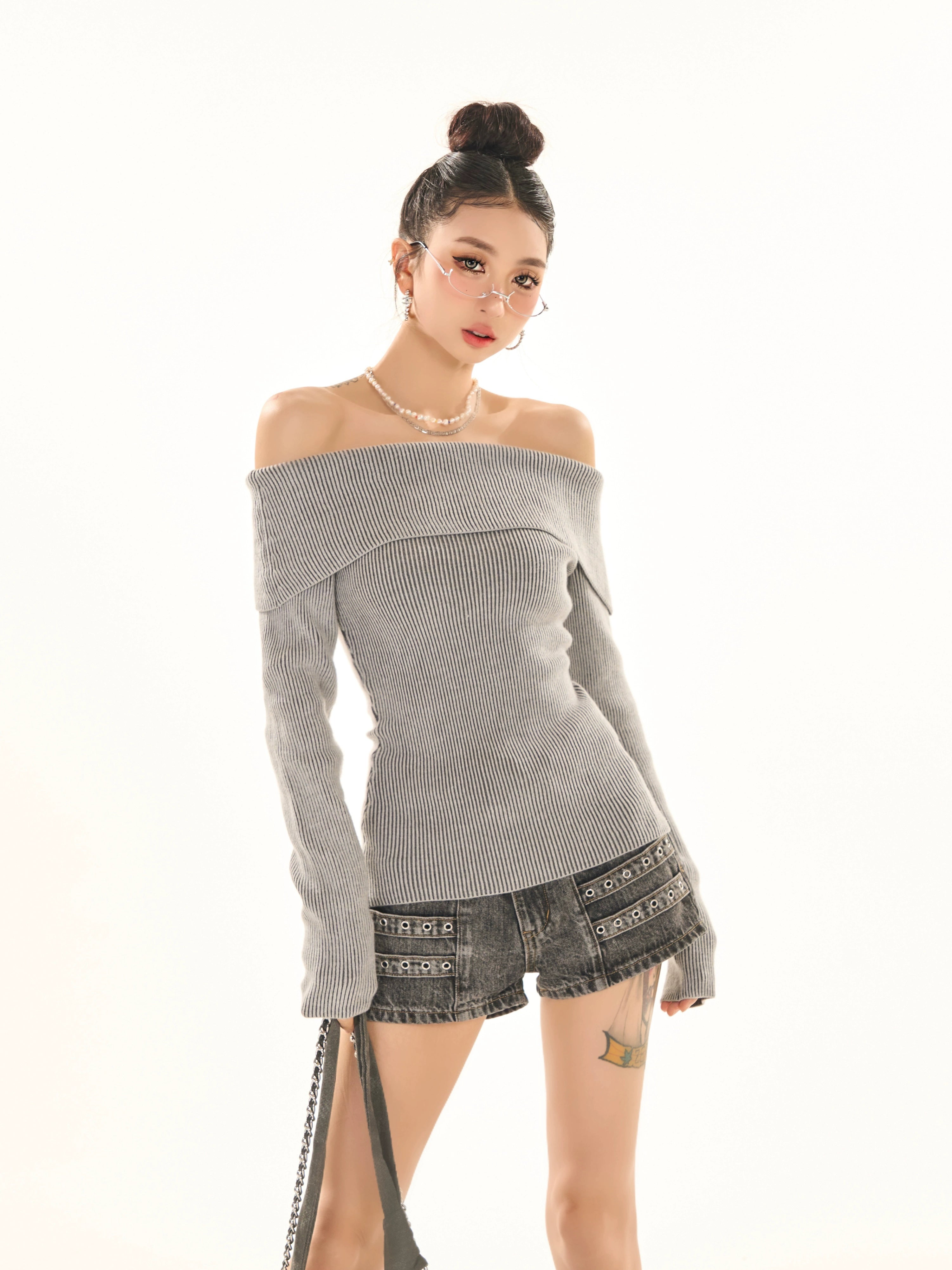 野生zerocircle灰绿色针织衫女春修身显瘦小众辣妹一字肩长袖上衣