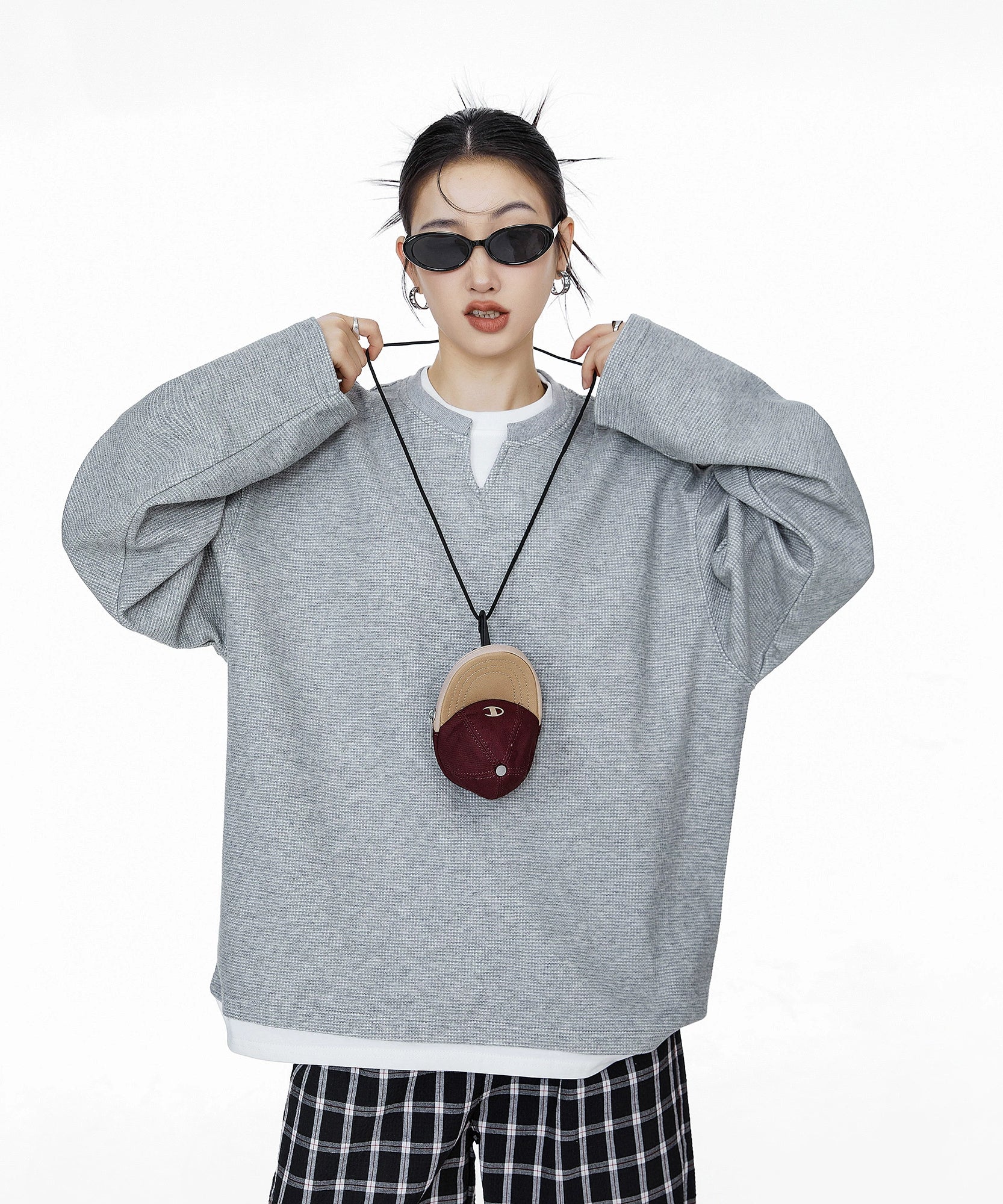 ICH MODE 美式复古假两件华夫格卫衣女秋冬宽松长袖休闲上衣外套