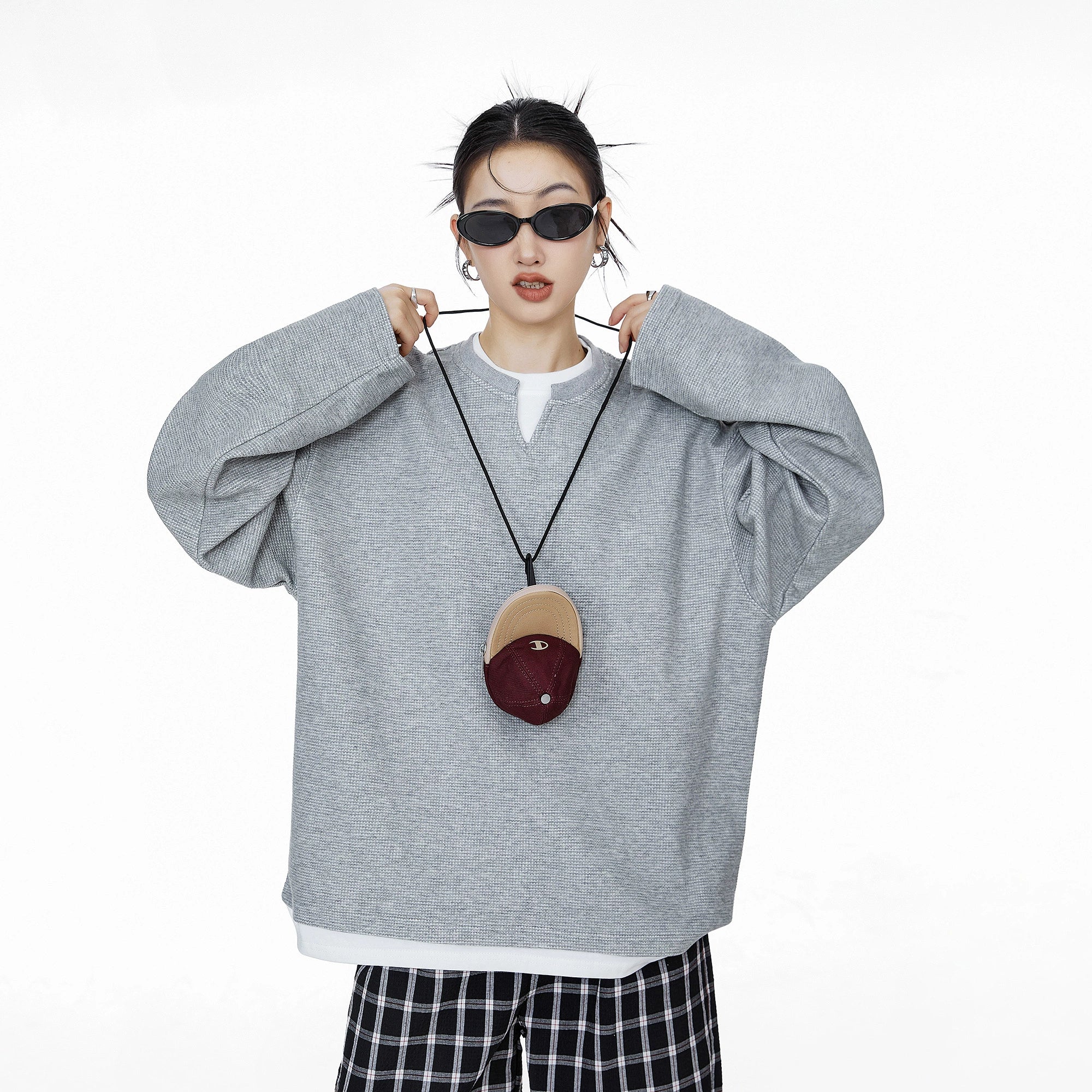 ICH MODE 美式复古假两件华夫格卫衣女秋冬宽松长袖休闲上衣外套