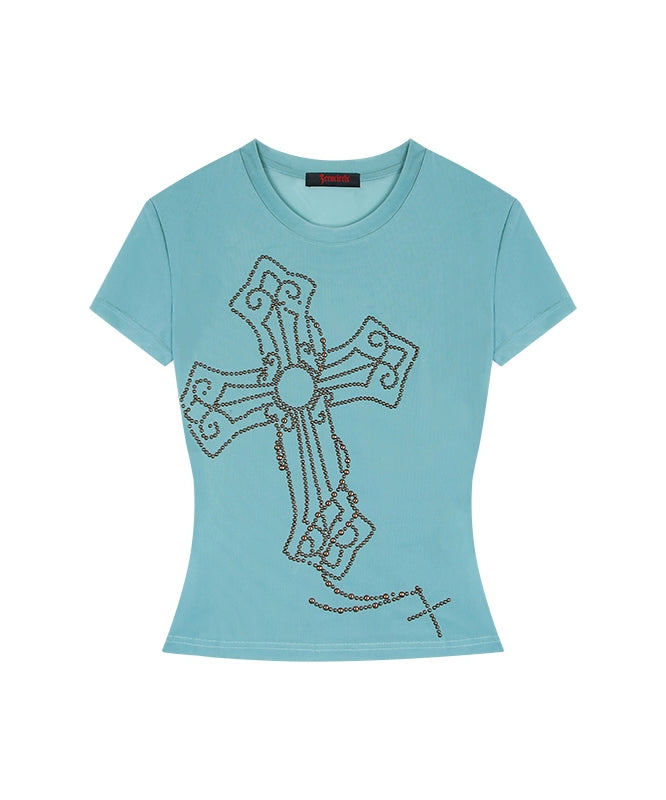 野生zerocircle 绿色烫钻正肩短袖t恤女春夏修身短款薄款网纱上衣