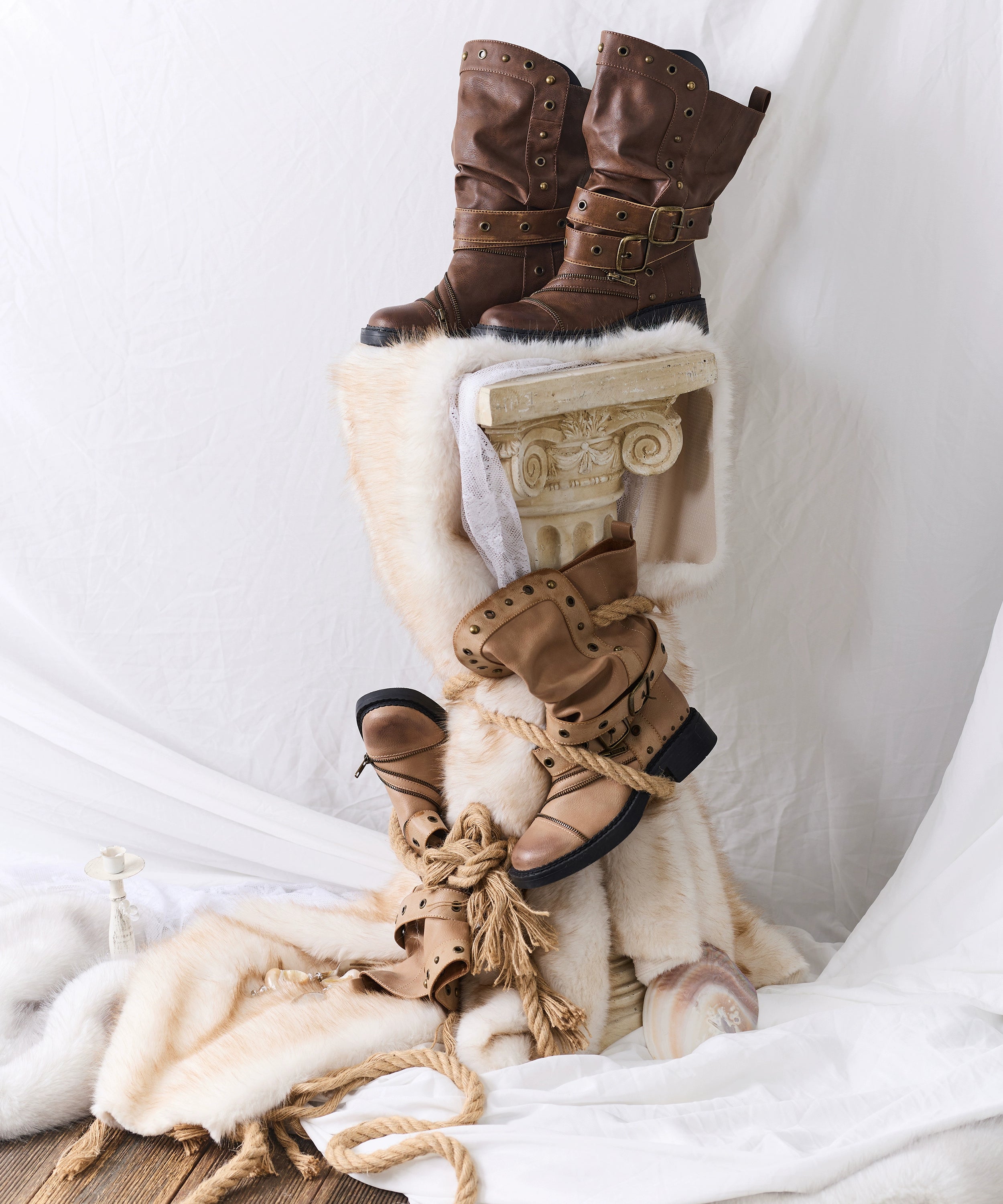 2th Desire原创时髦复古棕色重工做旧擦色拉链铆钉堆叠中筒长靴