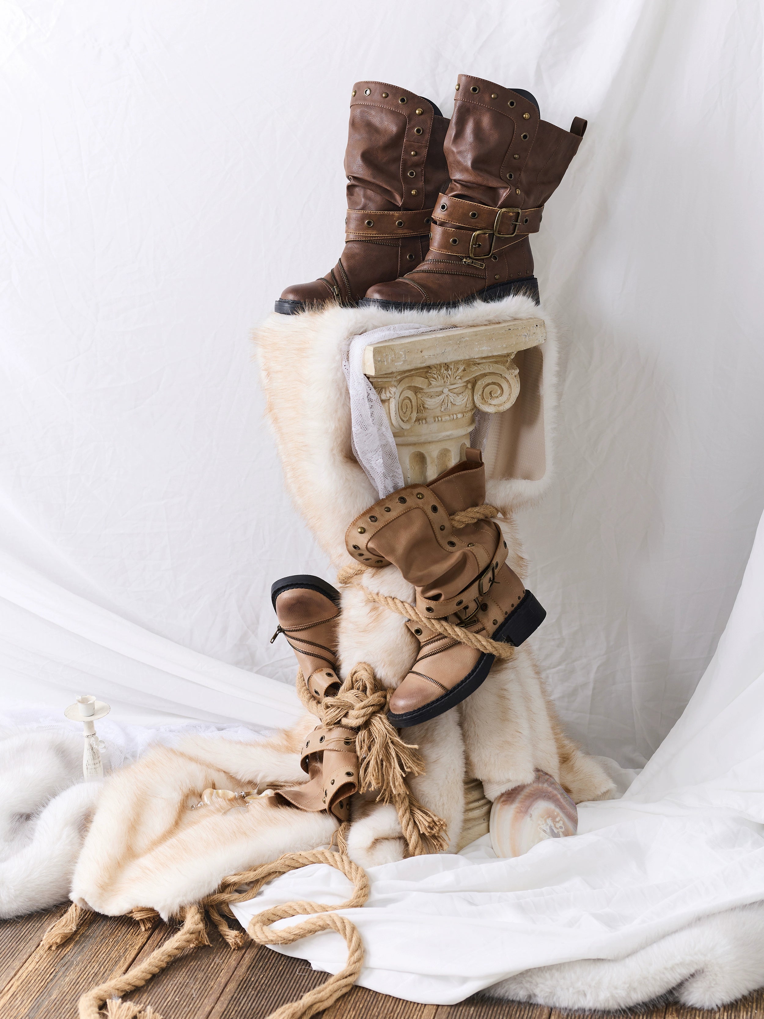 2th Desire原创时髦复古棕色重工做旧擦色拉链铆钉堆叠中筒长靴