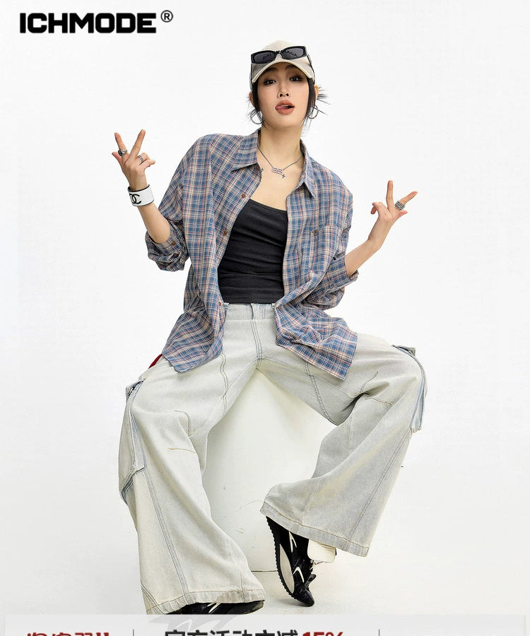 ICH MODE 美式复古格子长袖衬衫女夏季新款百搭休闲衬衣外套上衣