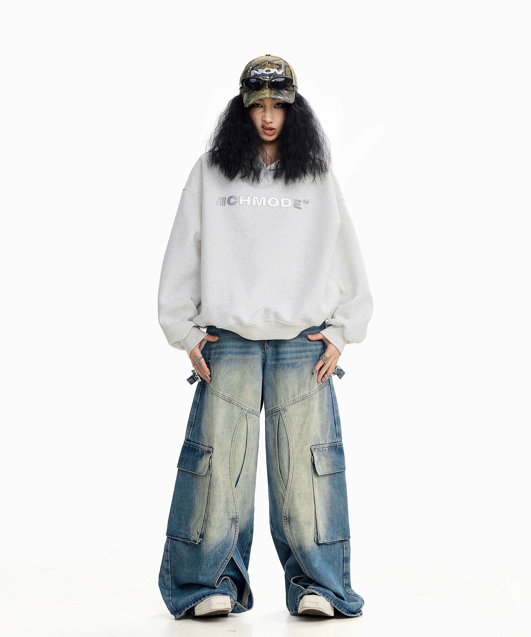 ICH MODE 美式印花黑色连帽卫衣女秋冬宽松流行外套上衣2025新款